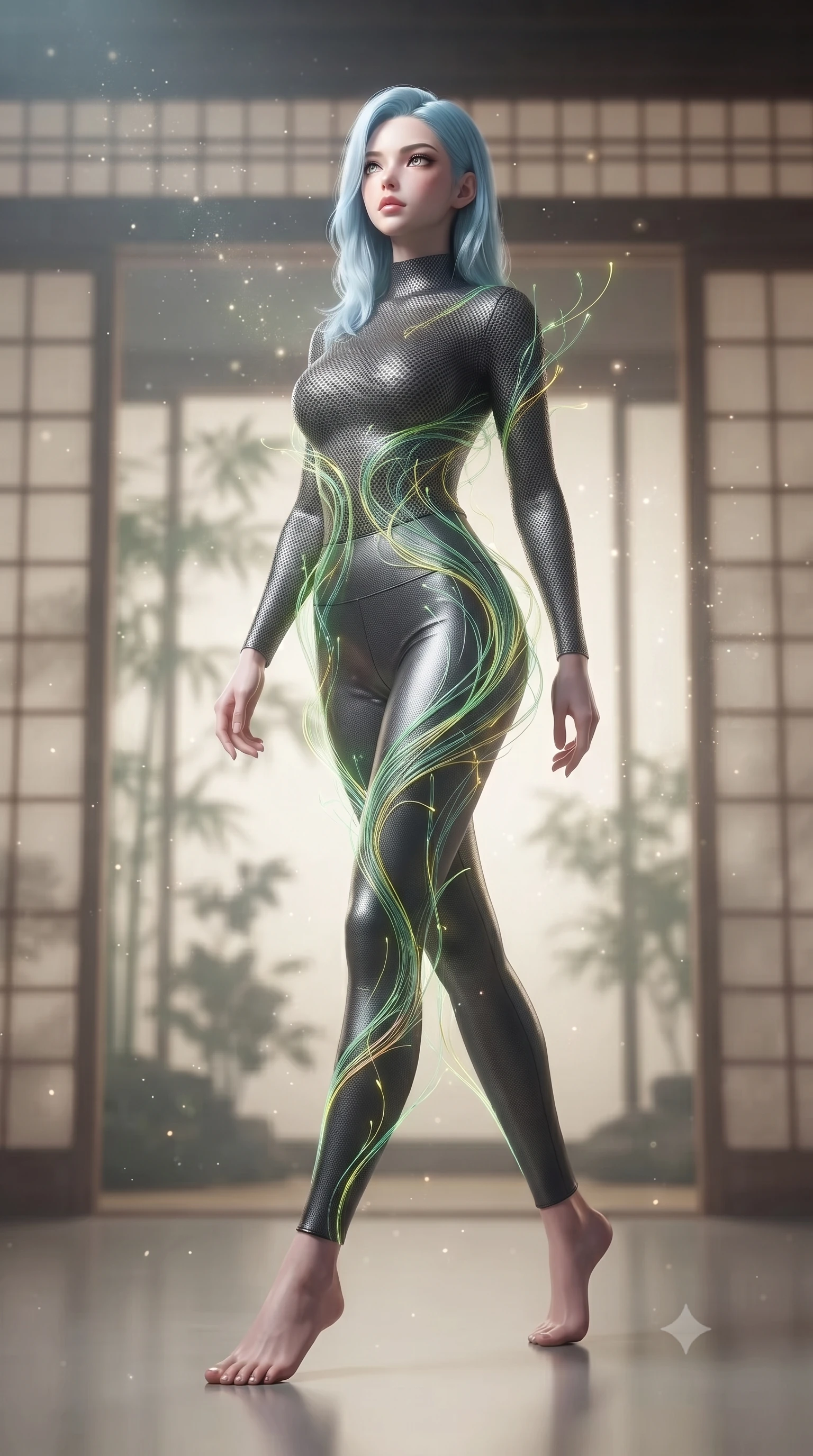 score_9, masterpiece, best quality, ultra-detailed, high-budget anime keyframe, editorial fashion photography, tasteful artistic composition, Korean woman. low angle full-body shot from head to toe showing her feet, filling the entire 9:16 vertical frame with her statuesque presence, stretching her vertical silhouette. stepping gracefully through floating stardust particles, her body-contouring suit showing her athletic, slender silhouette, the background shows a soft-focus a tea pavilion temple with paper partitions showing plant silhouettes. She has an absolutely perfect, statuesque 8.5-heads proportion, an exceptionally tall and slender model-like female figure with impossibly long slender legs and an ultra-slim waist. sharp v-shaped jawline, high-bridge nose, intricate jewel-like eyes with depth, thick eyelashes, glossy lips with a natural sheen. wearing a slim-fit body-hugging carbon-mesh mock-neck top paired with tight-fitting carbon-fiber leggings. soft green and yellow digital plant light wrapping her form in an organic glow. ultra-reflective glossy finish, specular highlights, metallic sheen, high-contrast stereoscopic depth, volumetric dynamic lighting, 2k, ultra detail, master piece, 9:16 ratio