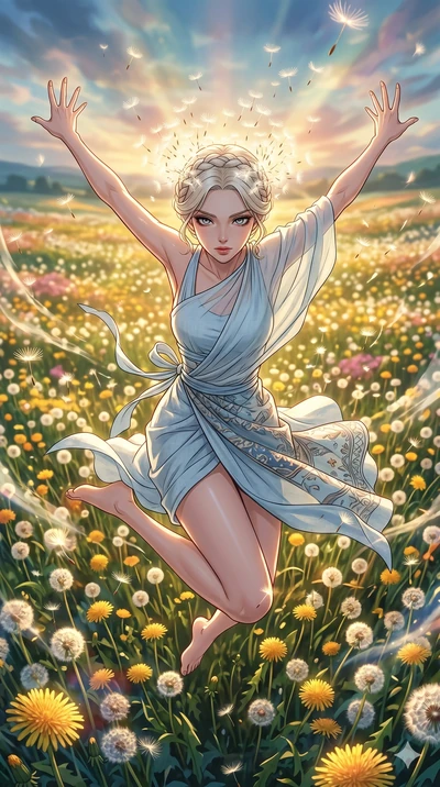 score_9, masterpiece, best quality, ultra-detailed, high-budget anime movie keyframe, cinematic anime lighting, intricate line art, Korean woman. Extreme high angle shot as she leaps towards the camera, filling the frame. collapsing in a field of dan