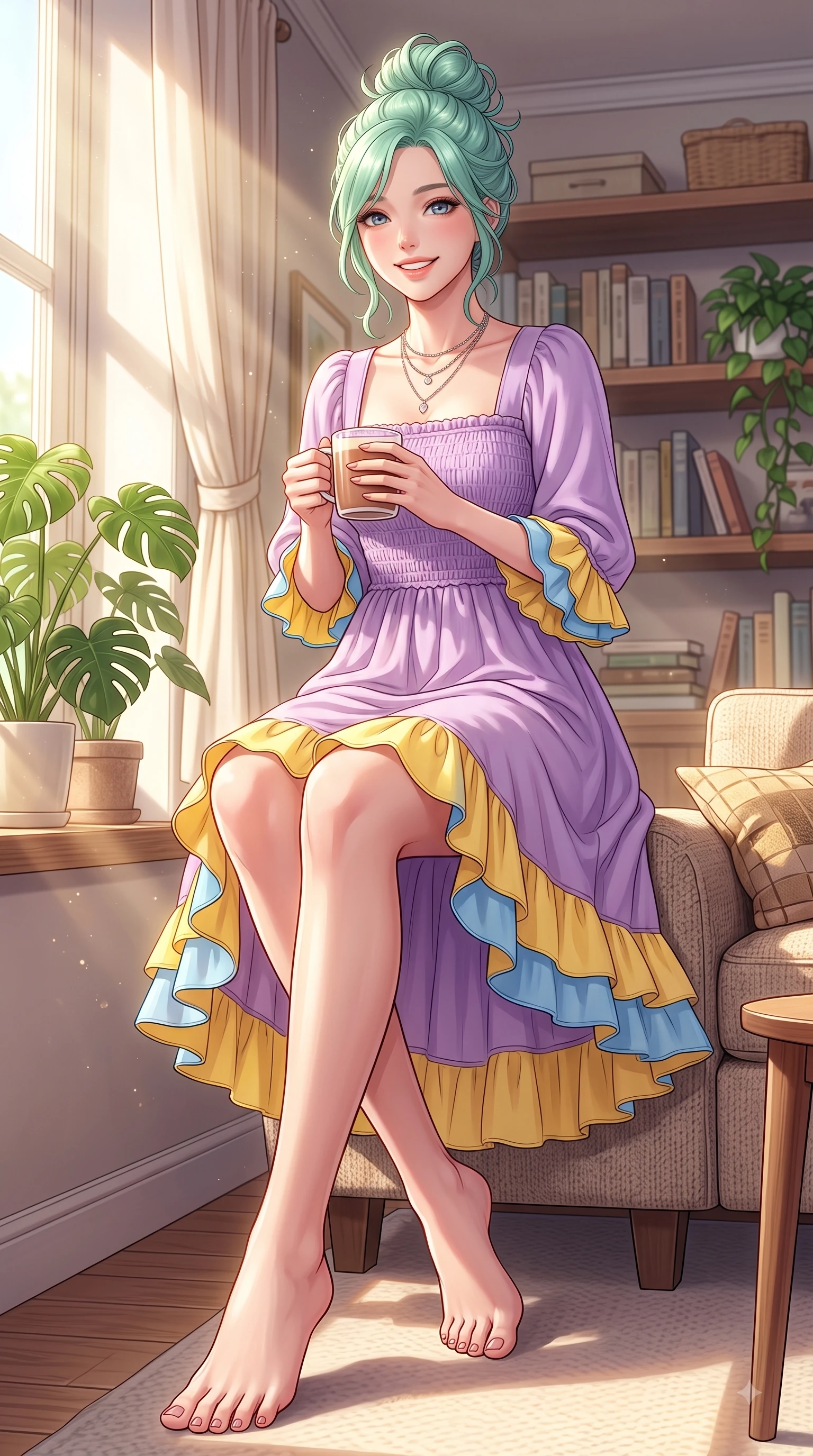 score_9, masterpiece, best quality, ultra-detailed, high-budget anime keyframe, editorial fashion photography, tasteful artistic composition, Japanese woman. low angle full-body shot from head to toe showing her feet, filling the entire 9:16 vertical frame with her statuesque presence, stretching her vertical silhouette. performing a cheerful mid-motion turn with flawless poise, her radiant smile capturing fresh girlhood energy while sitting near a sun-drenched window sill holding a warm mug of cocoa with a tender, happy expression. The surrounding environment is rendered in vivid detail and crisp panoramic clarity. crisp morning sunbeams streaming through sheer drapes into a beautifully detailed living room space. She has an absolutely perfect, statuesque 8.5-heads proportion, an exceptionally tall and slender model-like female figure with impossibly long slender legs and an ultra-slim waist. sharp v-shaped jawline, high-bridge nose, intricate jewel-like eyes with depth, thick eyelashes, glossy lips with a natural sheen, flawlessly proportioned anatomical accuracy, natural body alignment, perfectly sculpted elegant limbs, clean dynamic posture without body distortion. wearing a romantic lilac square-neck sundress with soft smocked bodice and fluttery hem in sunny daffodil yellow and clear sky blue, made of comfortable premium stretch denim and soft jersey, accented with soft smocked details and fluttery cuffs, the tailored casual silhouette highlighting her fresh and youthful presence. surrounded by a peaceful, intimate, and relaxing home atmosphere. highly saturated vibrant anime colors, detailed shading with soft gradients, rich glossy textures, high-contrast stereoscopic depth, volumetric dynamic lighting, master piece, 9:16 ratio