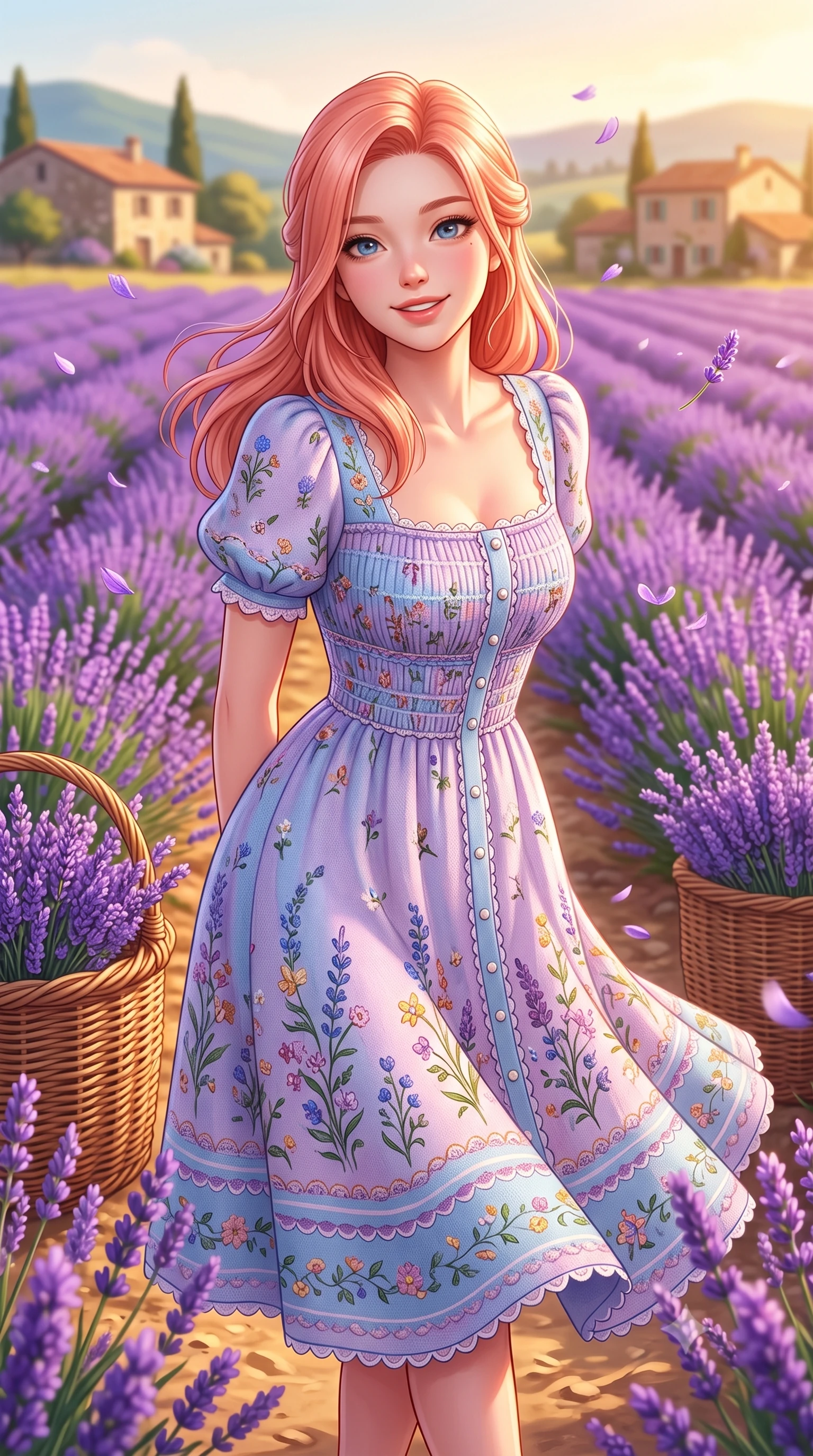 score_9, masterpiece, best quality, ultra-detailed, high-budget anime keyframe, semi-realistic 3D game render, editorial fashion photography, tasteful artistic composition, Japanese woman. close-up cowboy shot from the waist and thighs up, the character dominates the composition, filling the frame with her large presence. clasping her hands behind her back and leaning forward playfully with a sweet, innocent girlhood expression while twirling cheerfully between vibrant purple lavender ridges as delicate violet petals flutter in the air. The surrounding environment is rendered in vivid detail and crisp panoramic clarity. textured wicker basket weaves, sun-warmed earth pathways, and picturesque Provençal landscapes in panoramic clarity. She has an exceptionally elegant, slender, and willowy female figure with an ultra-slim waist, a gracefully sculpted slender torso, toned flat midriff, and a refined slim silhouette. sharp v-shaped jawline, high-bridge nose, intricate jewel-like eyes with depth, thick eyelashes, glossy lips with a natural sheen, pure and lovely fresh girlhood expression, flawlessly proportioned anatomical accuracy, strict slender model proportions, natural body alignment, perfectly sculpted long slender limbs, ultra-slim waistline, clean dynamic posture without body distortion. wearing a sweet square-neck smocked midi dress decorated with delicate wildflower patterns in soft pastel lavender and delicate sky blue, tailored from soft pastel lightweight wool blend with subtle texture, finished with delicate scallop trims and tiny pearl buttons, the tailored casual silhouette highlighting her fresh and youthful presence and perfectly proportioned slender frame. surrounded by a romantic, sweet, and wonderfully heartwarming cottagecore girlhood aura. highly saturated vibrant anime colors, detailed shading with soft gradients, rich glossy textures, high-contrast stereoscopic depth, volumetric dynamic lighting, master piece, 9:16 ratio