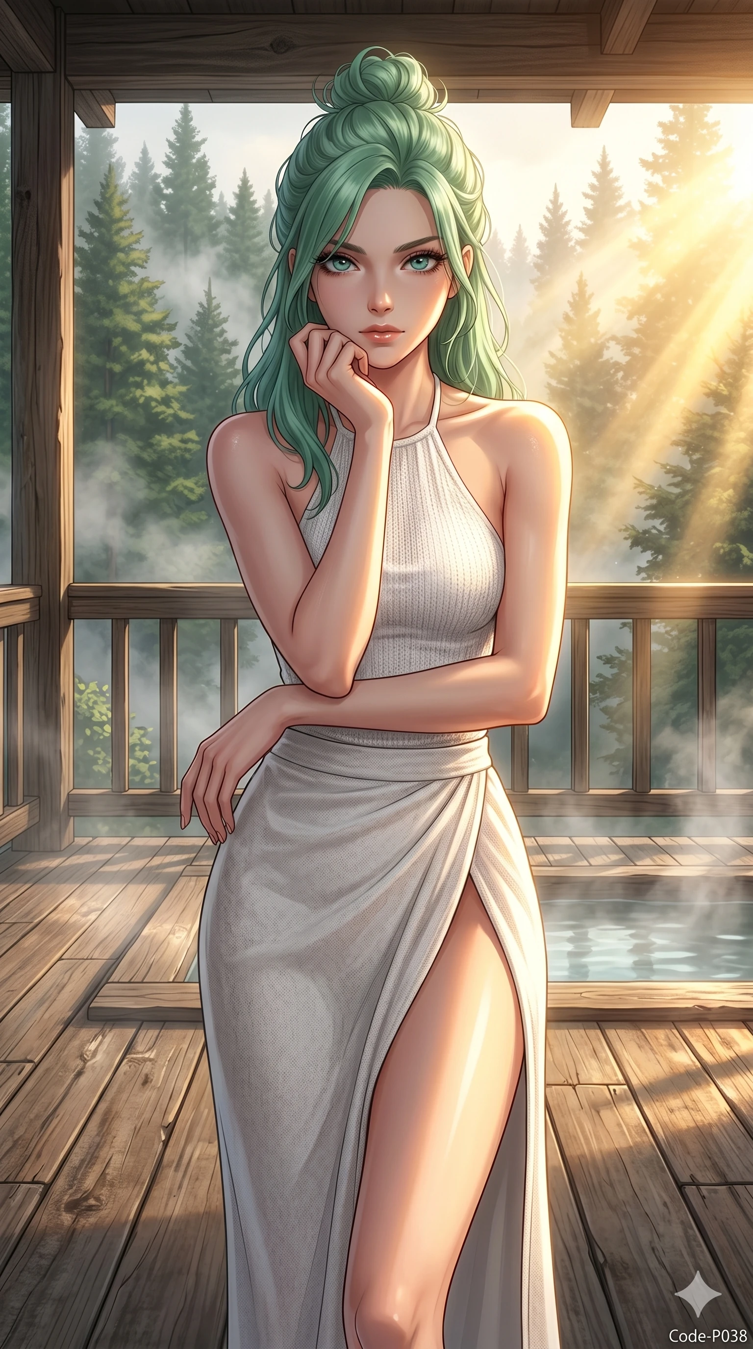 score_9, masterpiece, best quality, ultra-detailed, high-budget anime keyframe, editorial fashion photography, tasteful artistic composition, Japanese woman. cowboy shot from the thighs up, character and outfit filling the frame for maximum editorial presence. resting her chin on her fingers, looking directly into the lens with a piercing, mysterious gaze on a secluded wooden sun-terrace of a forest cabin at dawn with morning mist rising (Code-P038). She has an absolutely perfect 8-heads proportion, an exceptionally tall and slender female figure with impossibly long slender legs and an ultra-slim waist. V-shaped jawline, high-bridge nose, intricate jewel-like eyes with depth, thick eyelashes, glossy lips with a natural sheen. wearing a white knit halter top showing her elegant clavicle lines, and a high-slit wrap skirt. drenched in brilliant afternoon sunshine, casting warm rays that trace the curves of her athletic figure. 2k, ultra detail, master piece, 9:16 ratio