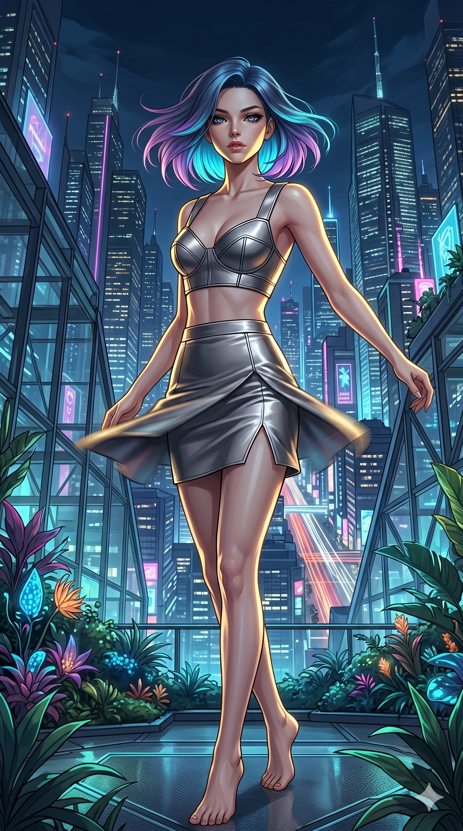 score_9, masterpiece, best quality, ultra-detailed, high-budget anime keyframe, editorial fashion photography, tasteful artistic composition, Caucasian woman, strictly human ears. low angle full-body shot from head to toe showing her feet, filling the entire 9:16 vertical frame with her statuesque presence, stretching her vertical silhouette. Spinning mid-turn with clothing caught in motion at the edge of a futuristic rooftop garden overlooking a neon-drenched megalopolis at night. She has an absolutely perfect 8-heads proportion, an exceptionally tall and slender female figure with impossibly long slender legs and an ultra-slim waist. V-shaped jawline, high-bridge nose, intricate jewel-like eyes with depth, thick eyelashes, glossy lips with a natural sheen. wearing a structured architectural bralette top in metallic pewter with bold geometric seaming and wide shoulder straps, paired with a matching precision-fitted metallic mini skirt with a elegant side slit at the hem. lit by dramatic chiaroscuro with a single golden key light carving her facial contours and figure. 2k, ultra detail, master piece, 9:16 ratio