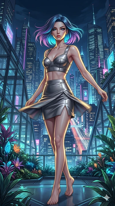 score_9, masterpiece, best quality, ultra-detailed, high-budget anime keyframe, editorial fashion photography, tasteful artistic composition, Caucasian woman, strictly human ears. low angle full-body shot from head to toe showing her feet, filling th