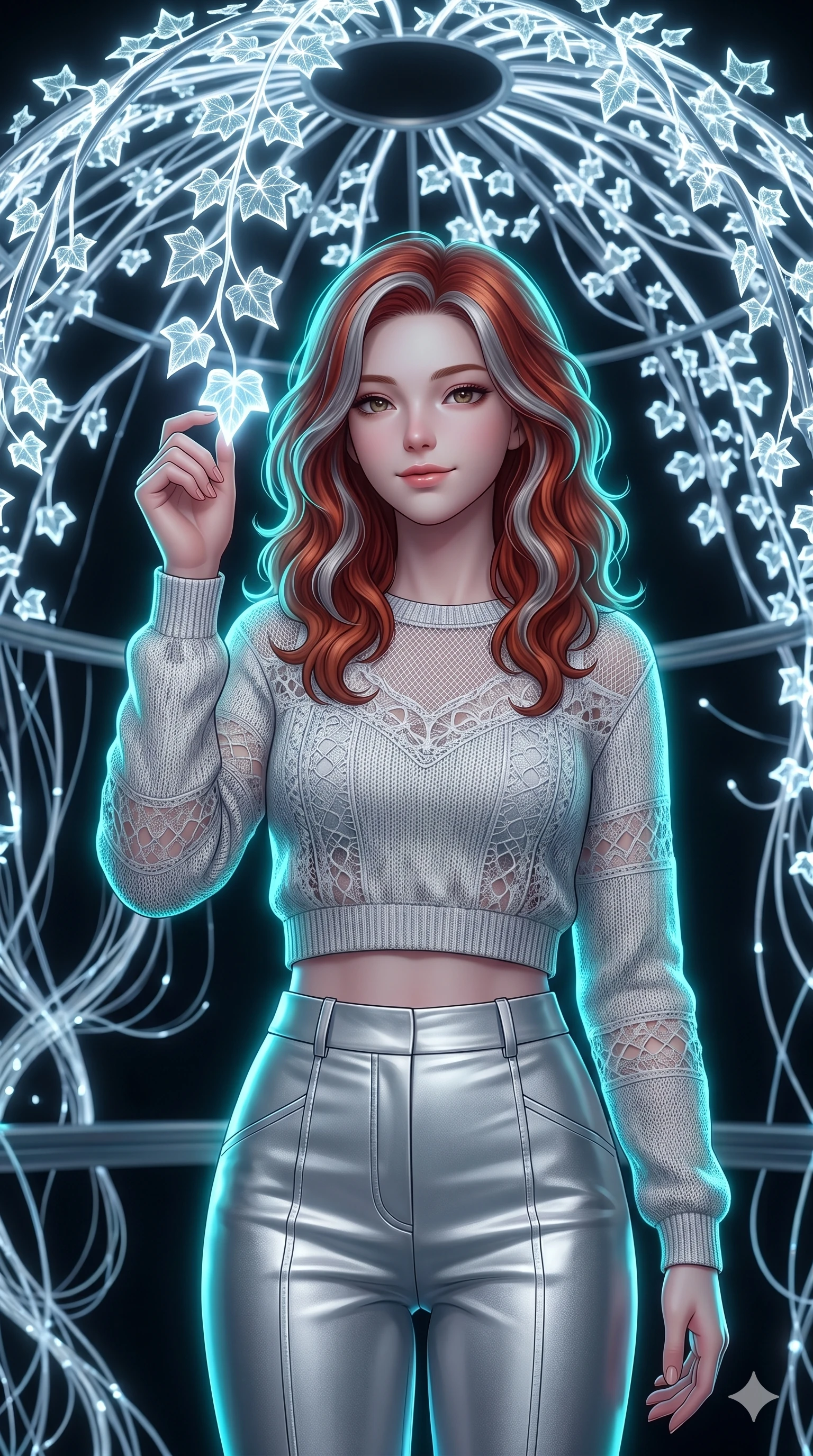 score_9, masterpiece, best quality, ultra-detailed, high-budget anime keyframe, Caucasian woman, strictly human ears. Upper body close-up from the thighs up, character filling the screen for maximum presence. Standing under a dome of glowing fiber-optic ivy, touching an ivy leaf, looking towards the camera with a calm, peaceful smile. She is wearing a casual cropped sweater with delicate panels and structured silver trousers. The scene is lit by the cool white light of the ivy and a cyan rim light. 2k, ultra detail, master piece, 9:16 ratio
