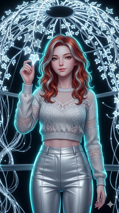 score_9, masterpiece, best quality, ultra-detailed, high-budget anime keyframe, Caucasian woman, strictly human ears. Upper body close-up from the thighs up, character filling the screen for maximum presence. Standing under a dome of glowing fiber-op