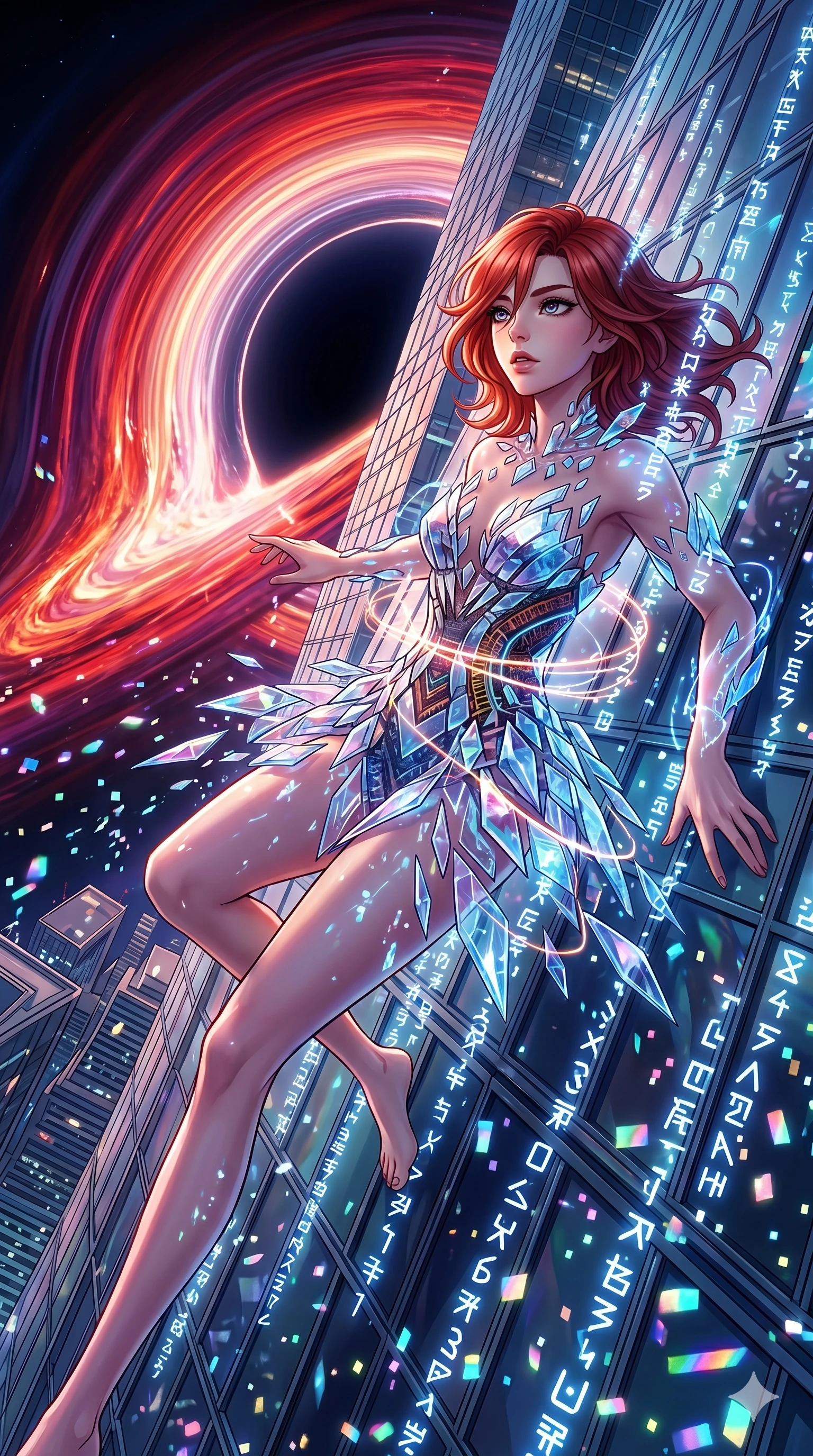 score_9, masterpiece, best quality, ultra-detailed, Set A: High-budget Anime Keyframe, Caucasian (human ears) woman. Upper body close-up from the thighs up, character filling the screen for maximum presence. Theme: Historical Remix. sliding down a glass skyscraper in the edge of a black hole, as a digital rain of 227 symbols washes over her. The atmosphere is filled with a blizzard of digital pixels. She has an absolutely perfect 8-heads proportion, an exceptionally tall and slender female figure with impossibly long slender legs and an ultra-slim waist. Sharp v-shaped jawline, high-bridge nose, intricate jewel-like eyes with depth, glossy lips. Wearing Abstract geometry dress made of floating crystalline shards held by energy fields. Cinematic lighting, vivid colors, dramatic shadows, 2k, ultra detail, master piece, 9:16 ratio