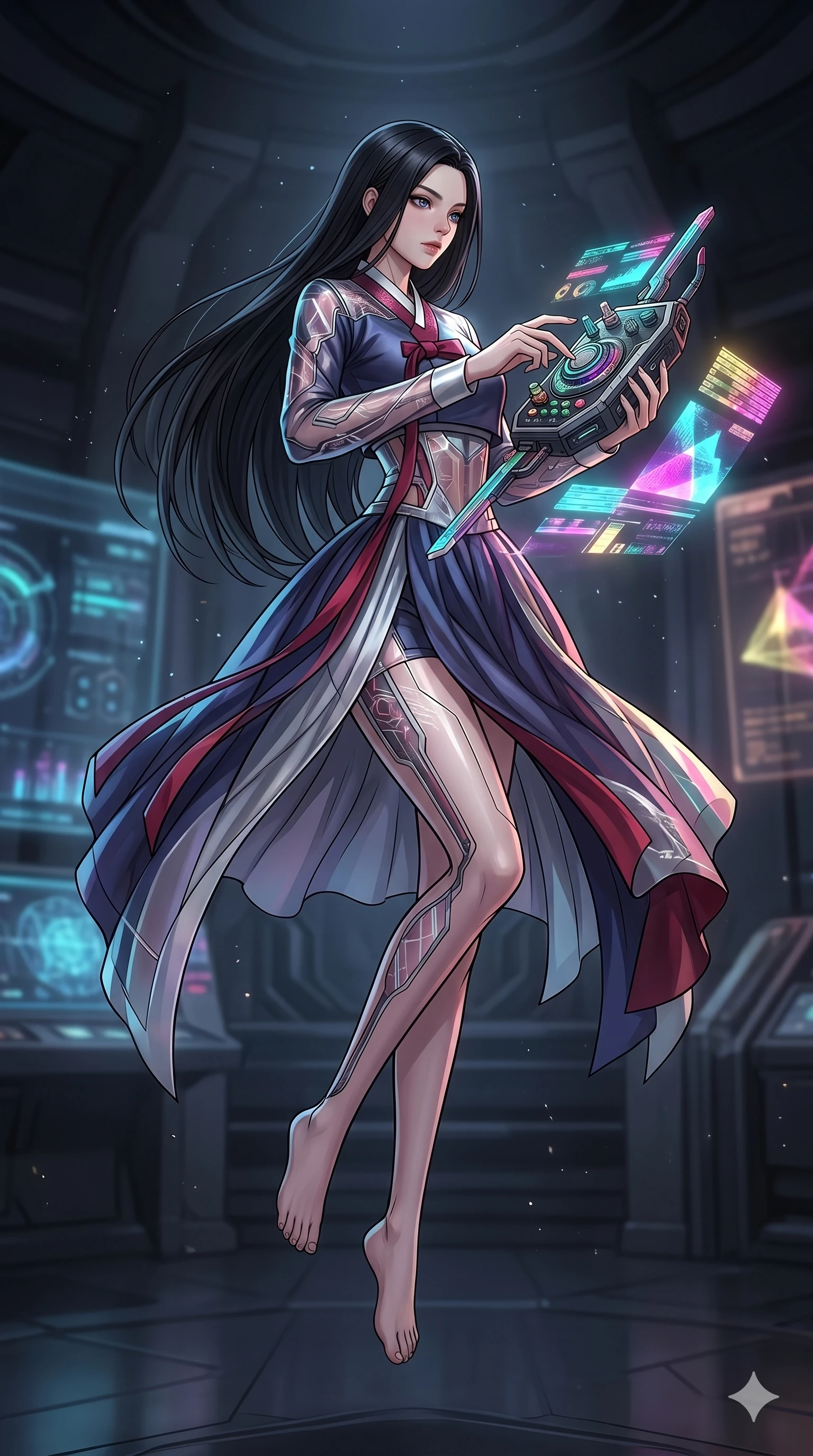 score_9, masterpiece, best quality, ultra-detailed, high-budget anime movie keyframe, cinematic anime lighting, intricate line art, Caucasian (strictly human ears) woman. Mid-air action shot capturing a graceful twist and vertical silhouette. adjusting the frequency of a sonic weapon in a quiet room. She has an absolutely perfect 8-heads proportion, an exceptionally tall and slender female figure with an ultra-slim waist and impossibly long slender legs. strictly human anatomy, two legs only, no extra limbs, clearly defined legs and arms, perfect anatomy, perfect hands and fingers. sharp v-shaped jawline, high-bridge nose, intricate jewel-like eyes, thick eyelashes, glossy lips. Wearing Modern Traditional: Shortened cyber-hanbok with fusion silk robes and transparent panels. The scene is illuminated by dramatic atmospheric lighting and vibrant color palettes. , 2k, ultra detail, master piece, 9:16 ratio