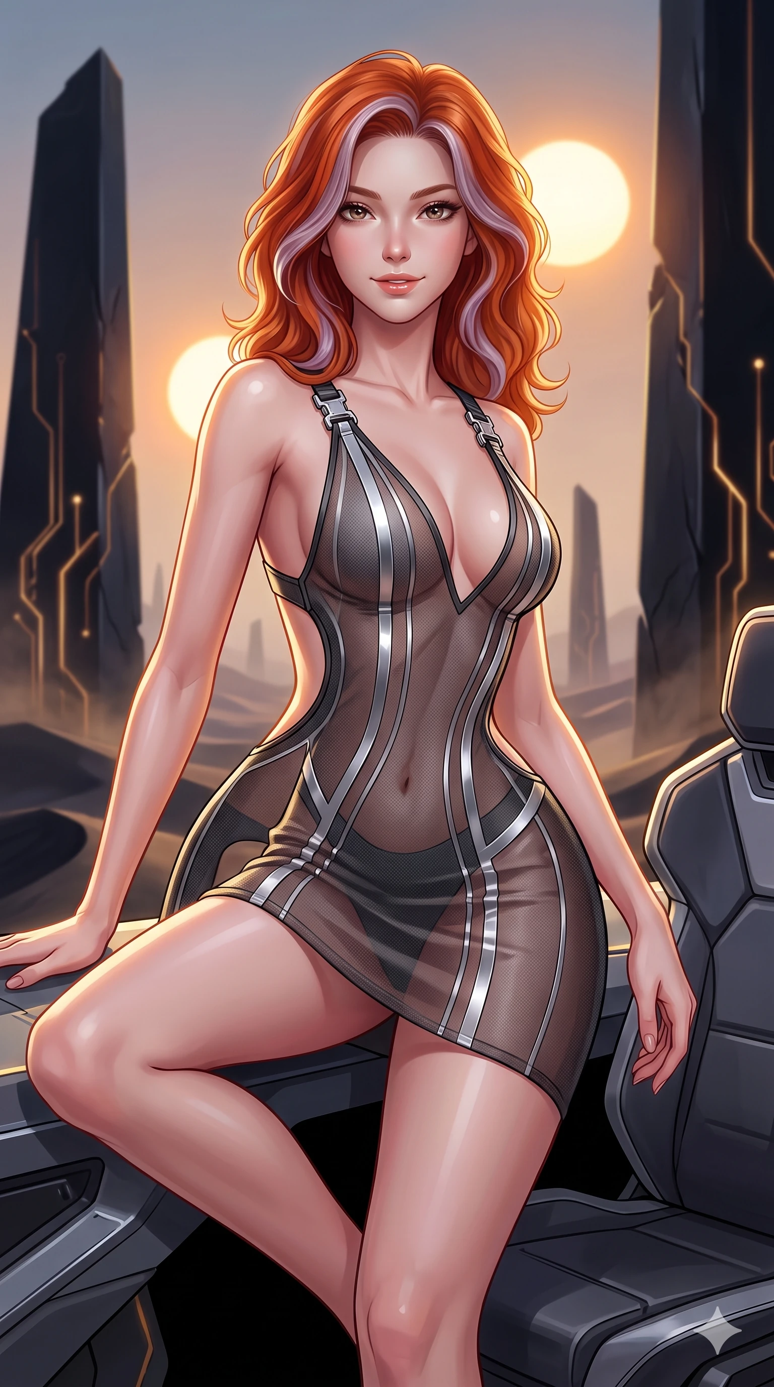 score_9, masterpiece, best quality, ultra-detailed, high-budget anime keyframe, semi-realistic 3D game render, editorial fashion photography, tasteful artistic composition, Caucasian woman. close-up cowboy shot from the waist and thighs up, the character dominates the composition, filling the frame with her large presence. perched sideways on the pilot seat, one knee drawn up to showcase her slender leg line while her arched back accentuates her feminine hip curve while standing poised between colossal black obsidian monoliths rising from alien dunes, arching her back with sovereign ancient-future grace under twin setting suns. The background shows a soft-focus planetary dust haze softened in alien obsidian desert shallow focus. She has an exceptionally elegant, slender, and willowy female figure with an ultra-slim waist, flat toned midriff, narrow ribcage, and sculpted feminine hips creating an alluring, slim hourglass silhouette without bulk. sharp v-shaped jawline, high-bridge nose, intricate jewel-like sparkling eyes with depth, thick eyelashes, glossy parted lips with a natural sheen, bright confident smile with an enchanting and coquettish sensual glint, exuding both youthful magnetic charm and sovereign high-tech allure, flawlessly proportioned anatomical accuracy, strict slender model proportions, natural body alignment, perfectly sculpted long slender limbs, ultra-slim waistline, clean dynamic posture without body distortion. wearing a plunge-front sheer illusion technical mesh slip dress with liquid platinum ribbon stripes hugging her curves in charcoal grey and polished chrome, crafted from lightweight aerodynamic matte carbon-fiber weave with structural stiffness, finished with high-tension magnetic quick-release clasps glinting along her collarbones, the precision-cut side openings and low-back scoop framing her graceful spine and the sensual sweep of her slim, toned hips. illuminated by glowing monolith circuit veins and sharp golden-amber rim lights sculpting her razor-sharp jawline, narrow waist, and curvy hips. highly saturated vibrant anime colors, detailed shading with soft gradients, rich glossy textures, high-contrast stereoscopic depth, volumetric dynamic lighting, master piece, 9:16 ratio