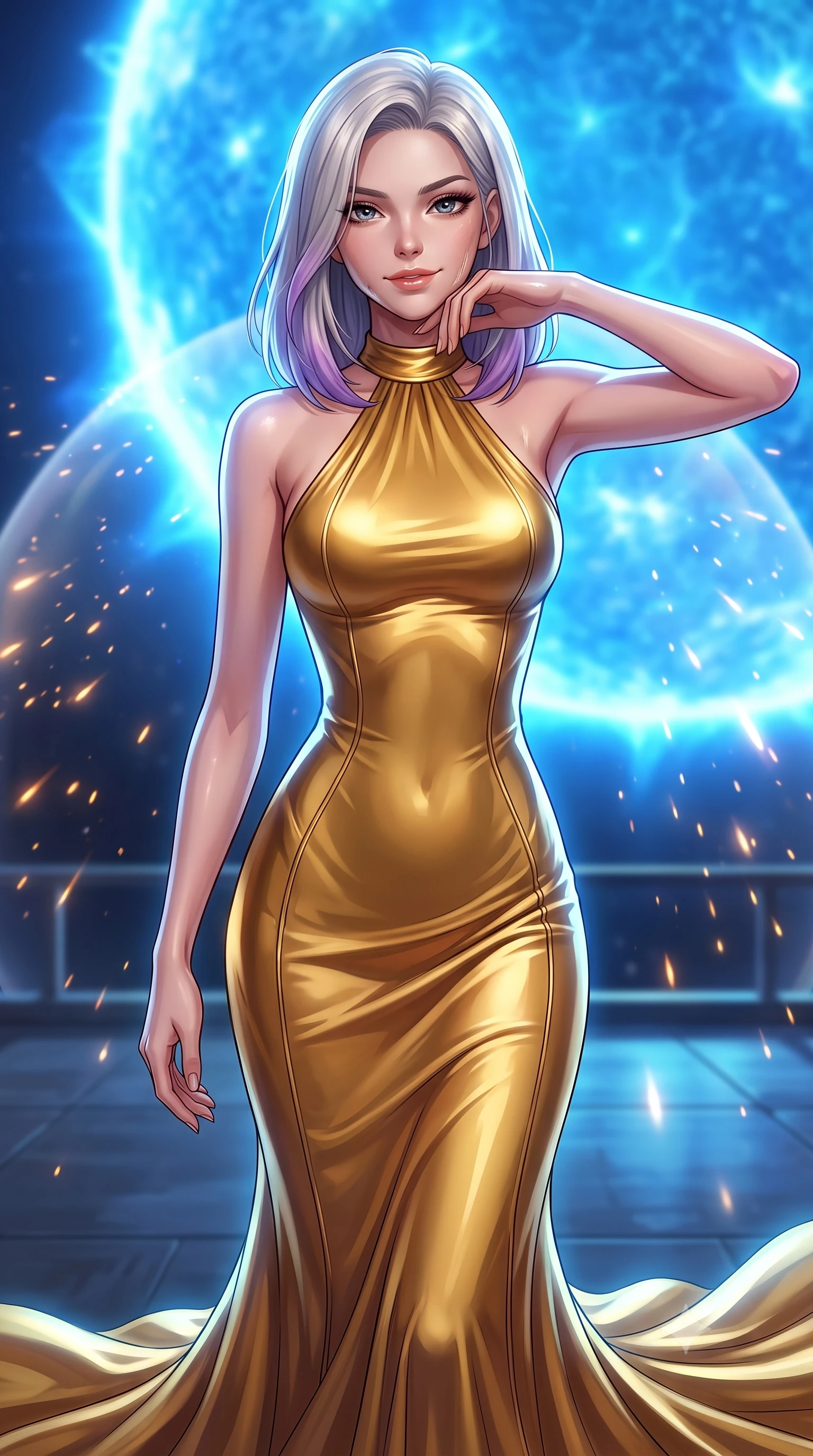 score_9, masterpiece, best quality, ultra-detailed, high-budget anime keyframe, editorial fashion photography, tasteful artistic composition, Caucasian woman, strictly human ears. close-up cowboy shot from the waist and thighs up, the character dominates the composition, filling the frame with her large presence, background elements kept in soft focus. Defiantly wiping oil and stardust from her jawline with a confident, victorious smirk. set against a soft-focus background of a defensive platform close to a blue supergiant star, solar wind particles glowing as they hit the shield dome. She has an exceptionally elegant and slender, willowy female figure with an ultra-slim waist, a gracefully sculpted slender torso, and a refined slim physique. sharp v-shaped jawline, high-bridge nose, intricate jewel-like eyes with depth, thick eyelashes, glossy lips with a natural sheen. wearing tailored for maximum mobility, sleek form-contouring panels that allow fluid movement, a tailored liquid gold halter-neck evening gown that drapes and clings to her slender figure, pooling elegantly around her feet. highly saturated vibrant anime colors, intense vivid color palette, soft 3D volumetric shading, volumetric dynamic lighting, intense electric blue light from the star corona casting sharp highlights. 2k, ultra detail, master piece, 9:16 ratio