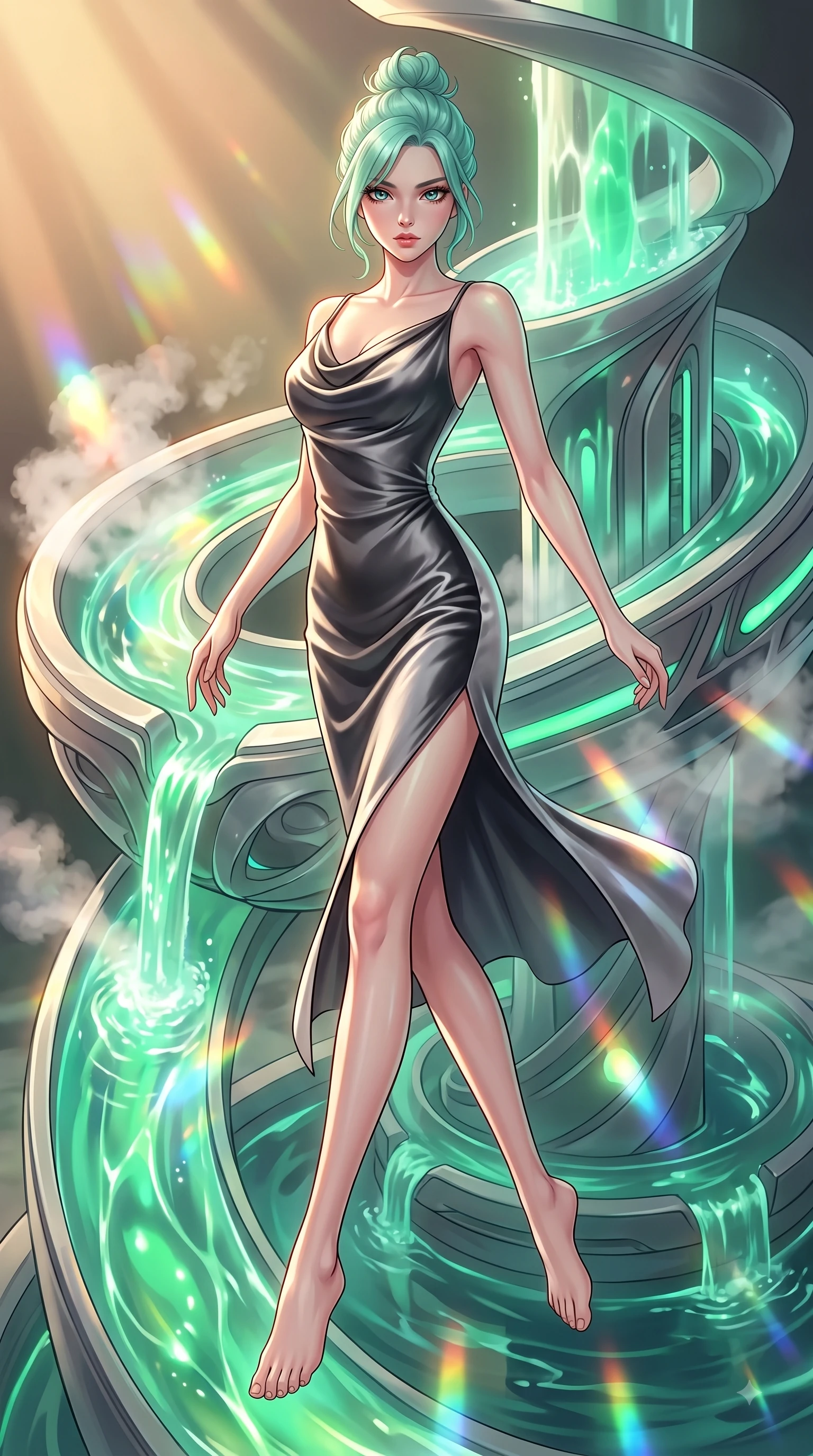score_9, masterpiece, best quality, ultra-detailed, high-budget anime keyframe, editorial fashion photography, tasteful artistic composition, Japanese woman. low angle full-body shot from head to toe showing her feet, filling the entire 9:16 vertical frame with her statuesque presence, stretching her vertical silhouette. leaping gracefully through mid-air with statuesque elegance, her impossibly long slender legs stretched in perfect balance while pivoting dynamically beside a hydro-flow spiral fountain flowing with bioluminescent emerald sap, steam clouds refracting sunlight into brilliant rainbow prisms around her form. She has an absolutely perfect, statuesque 8.5-heads proportion, an exceptionally tall and slender model-like female figure with impossibly long slender legs and an ultra-slim waist. sharp v-shaped jawline, high-bridge nose, intricate jewel-like eyes with depth, thick eyelashes, glossy lips with a natural sheen, flawlessly proportioned anatomical accuracy, natural body alignment, perfectly sculpted elegant limbs, clean dynamic posture without body distortion. wearing an elegant cowl-neck satin midi dress with a graceful draped neckline in charcoal grey and platinum, made of premium stretch velvet with a rich sheen, finished with a sleek side slit ascending to mid-thigh, the form-contouring material highlighting her ultra-slim waist and long lines. bathed in warm golden sunlight and soft emerald bioluminescent glow. highly saturated vibrant anime colors, detailed shading with soft gradients, rich glossy textures, high-contrast stereoscopic depth, volumetric dynamic lighting, master piece, 9:16 ratio