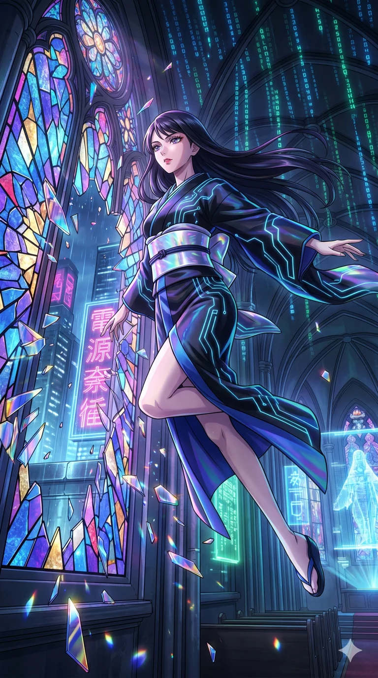 score_9, masterpiece, best quality, ultra-detailed, High-budget Anime Keyframe, vibrant colors, fluid line-art, expressive lighting, cinematic composition, Ufotable-style visual effects, top-tier animation quality, Japanese woman with delicate and elegant anime-inspired features. Cinematic low angle perspective showcasing her towering height and perfect 8-heads proportion. Leaping through the shattered stained glass of a neon-lit futuristic cathedral, her body caught in mid-air as prismatic light fragments explode around her and digital rain falls from the vaulted ceiling. She has an absolutely perfect 8-heads proportion, an exceptionally tall and slender female figure with impossibly long slender legs and an ultra-slim waist, her statuesque height and towering silhouette dominating the vertical 9:16 frame. Her face is a masterpiece featuring a sharp v-shaped jawline, high-bridge nose, intricate jewel-like eyes with depth, thick eyelashes, and glossy lips with a natural sheen. She is wearing a High-slit tech-kimono with holographic obi and integrated neon-lit circuitry patterns crafted from Bioluminescent silk that emits a soft, ethereal glow from within the fabric, featuring a crystalline structure that catches the light and reveals her slender frame. The scene is set in a serene Zen garden with metallic sand, glowing stones, and a holographic waterfall, illuminated by soft bioluminescent glow from the environment casting ethereal colors on her skin. 2k, ultra detail, master piece, 9:16 ratio