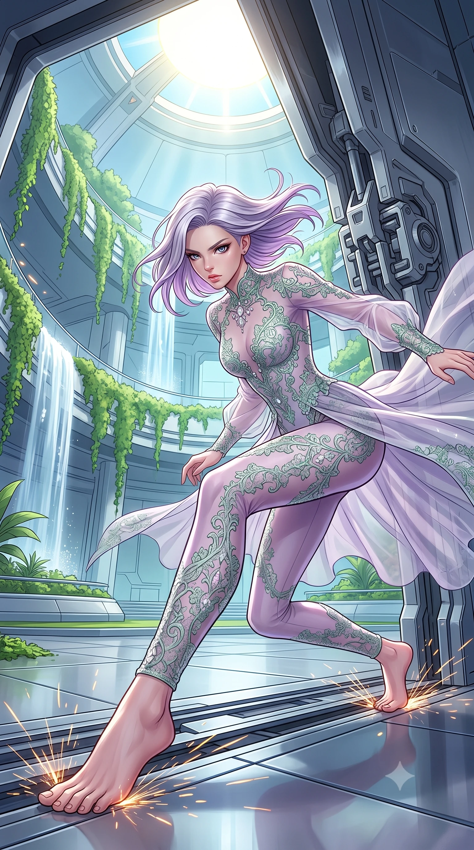 score_9, masterpiece, best quality, ultra-detailed, high-budget anime keyframe, editorial fashion photography, tasteful artistic composition, Caucasian woman, strictly human ears. low angle full-body shot from head to toe showing her feet, filling the entire 9:16 vertical frame with her statuesque presence, stretching her vertical silhouette. sliding underneath a closing blast door in a sleek combat stance with sparks flying around her inside a futuristic garden inside an arcology skyscraper, balconies covered in cascading green vines and waterfalls, an artificial sun in the ceiling. She has a statuesque 8.5-heads proportion, an exceptionally tall, slender and willowy model-like build with impossibly long legs and a highly sculpted ultra-slim waist. sharp v-shaped jawline, high-bridge nose, intricate jewel-like eyes with depth, thick eyelashes, glossy lips with a natural sheen. wearing the lightweight fabric rippling and billowing dramatically with her movement, a tailored gossamer bodysuit in a pale lavender tone, with elaborate jade-green lace patterning and crystal embellishments. highly saturated vibrant anime colors, intense vivid color palette, soft 3D volumetric shading, volumetric dynamic lighting, soft glowing ambient light with sharp side key light tracing the sleek contours of her figure. 2k, ultra detail, master piece, 9:16 ratio