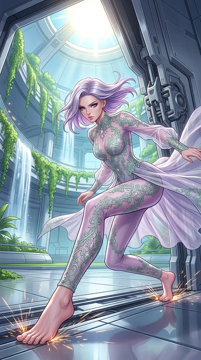 score_9, masterpiece, best quality, ultra-detailed, high-budget anime keyframe, editorial fashion photography, tasteful artistic composition, Caucasian woman, strictly human ears. low angle full-body shot from head to toe showing her feet, filling th