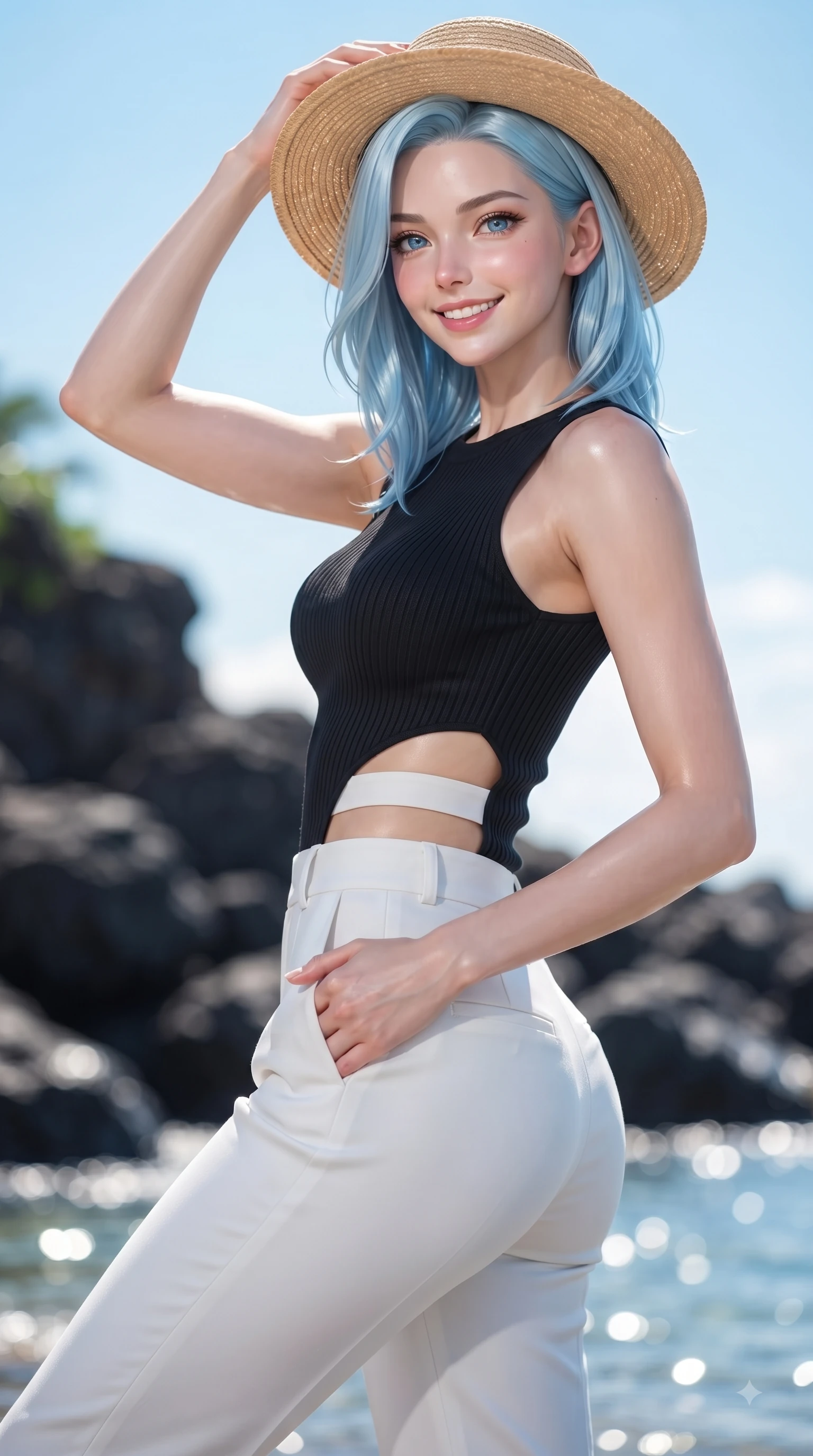 score_9, masterpiece, best quality, ultra-detailed, high-budget anime keyframe, editorial fashion photography, tasteful artistic composition, Korean woman. close-up cowboy shot from the waist and thighs up, the character dominates the composition, filling the frame with her large presence. Youthful bright smile exuding pure cute charm and fresh energy, her torso turning dynamically into the lens while holding her straw hat lightly against the fresh sea breeze while smiling at the camera. The composition keeps background elements in soft focus with dreamy bokeh. dark basalt rocks and clear blue skies softened with a gentle background blur. She has an exceptionally elegant, slender, and willowy female figure with an ultra-slim waist, a gracefully sculpted slender torso, and a refined silhouette. sharp v-shaped jawline, high-bridge nose, intricate jewel-like eyes with depth, thick eyelashes, glossy lips with a natural sheen, flawlessly proportioned anatomical accuracy, natural body alignment, perfectly sculpted elegant limbs, clean dynamic posture without body distortion. wearing a form-contouring ribbed knit top paired with high-waisted tailored stretch trousers in sleek jet black and pure white contrast, made of premium stretch jersey that follows her curves like a glove, complemented by clean architectural cutouts along her slender torso, the form-contouring material highlighting her ultra-slim waist and long lines. bathed in bright tropical sunshine and glittering ocean water refractions. ultra-reflective glossy finish, specular highlights, metallic sheen, high-contrast stereoscopic depth, volumetric dynamic lighting, 2k, ultra detail, master piece, 9:16 ratio