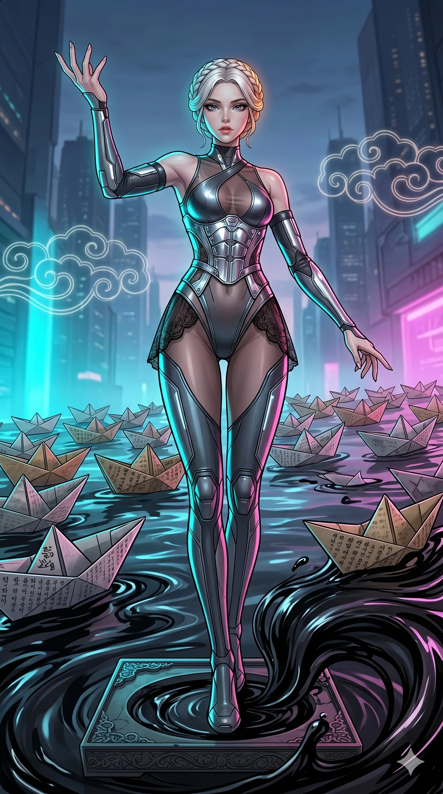 score_9, masterpiece, best quality, ultra-detailed, high-budget anime movie keyframe, cinematic anime lighting, intricate line art, Korean woman. Dynamic full-body shot stretching the vertical silhouette with extreme perspective. commanding a fleet of paper boats to sail on a sea of ink. She has an absolutely perfect 8-heads proportion, an exceptionally tall and slender female figure with an ultra-slim waist and impossibly long slender legs. strictly human anatomy, two legs only, no extra limbs, clearly defined legs and arms, perfect anatomy, perfect hands and fingers. sharp v-shaped jawline, high-bridge nose, intricate jewel-like eyes, thick eyelashes, glossy lips. Wearing Cyber-Tech Legacy: Asymmetrical high-cut tech-bodysuit with detached sleeves and chrome-plated corset over sheer lace. The scene is illuminated by dramatic atmospheric lighting and vibrant color palettes. , 2k, ultra detail, master piece, 9:16 ratio