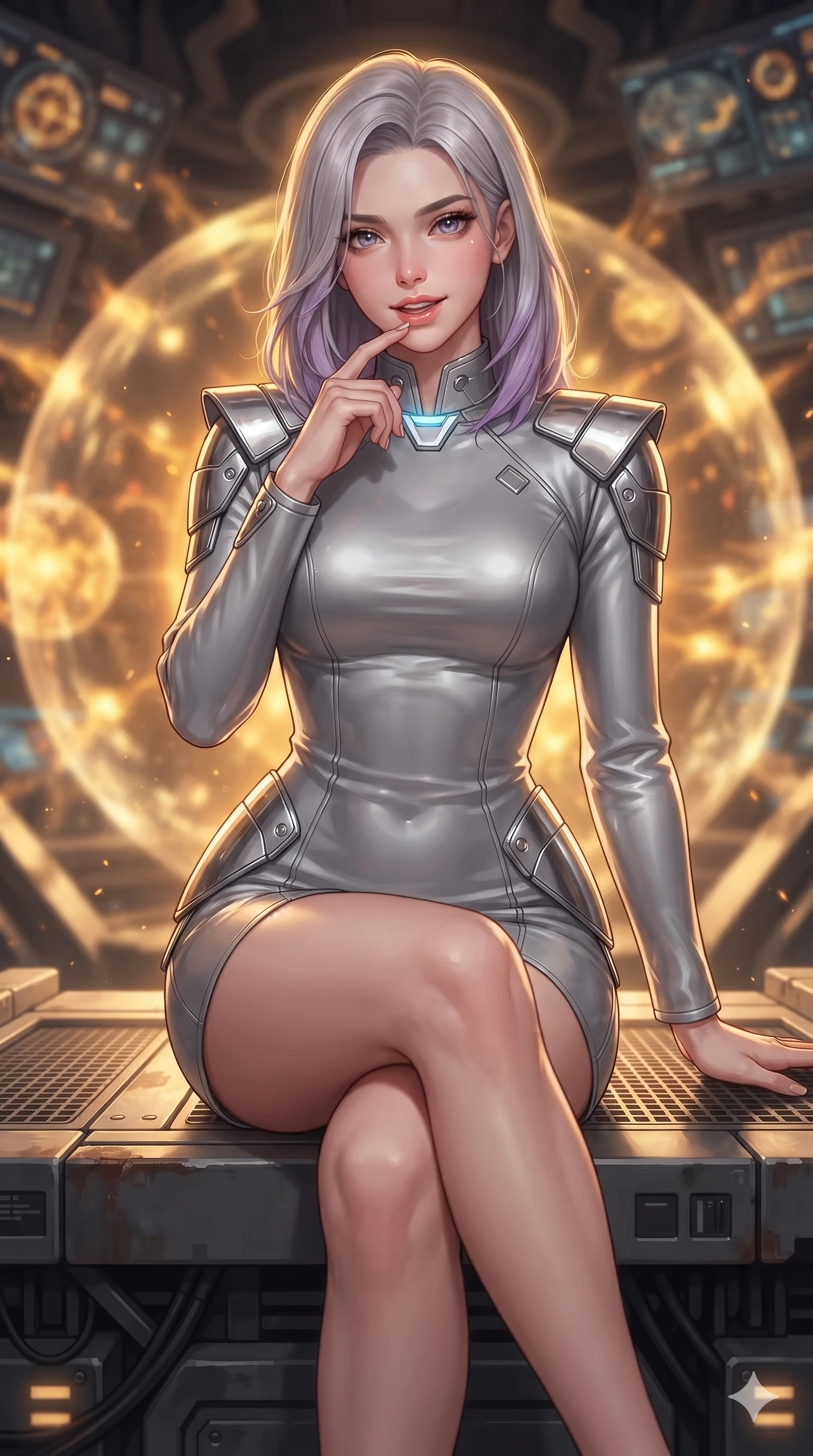 score_9, masterpiece, best quality, ultra-detailed, high-budget anime keyframe, editorial fashion photography, tasteful artistic composition, Caucasian woman. close-up cowboy shot from the waist and thighs up, the character dominates the composition, filling the frame with her large presence. tilting her head with a teasing half-smile, running one finger slowly along her glowing comm-link collar in a flirtatious gesture while perched gracefully on the reinforced equipment staging deck with legs crossed, flashing an enchanting smile with parted glossy lips. The background shows a soft-focus pulsing spherical plasma containment fields, drifting cooling mist, and glowing telemetry arrays blurred into fiery gold, amber, and obsidian bokeh. She has an exceptionally elegant, slender, and willowy female figure with an ultra-slim waist, flat toned midriff, narrow ribcage, and sculpted feminine hips creating an alluring, slim hourglass silhouette without bulk. sharp v-shaped jawline, high-bridge nose, intricate jewel-like sparkling eyes with depth, thick eyelashes, glossy parted lips with a natural sheen, bright confident smile with an enchanting and coquettish sensual glint, exuding both youthful magnetic charm and sovereign high-tech allure, flawlessly proportioned anatomical accuracy, strict slender model proportions, natural body alignment, perfectly sculpted long slender limbs, ultra-slim waistline, clean dynamic posture without body distortion. wearing a bespoke orbital diplomatic uniform with structured geometric epaulets and a tailored waistline in reflective liquid mercury and matte phantom grey, made of flexible bullet-resistant ballistic microfiber with high-tensile strength, accented with strategically placed chrome armor plate guards covering key curves, the bespoke structured tailoring following the natural line of her 8.5-heads silhouette with refined elegance. bathed in the blinding warm golden radiance of the magnetic fusion core with dynamic volumetric heat shimmers. ultra-reflective glossy finish, specular highlights, rich textural contrasts, high-contrast stereoscopic depth, volumetric dynamic lighting, 2k, ultra detail, master piece, 9:16 ratio