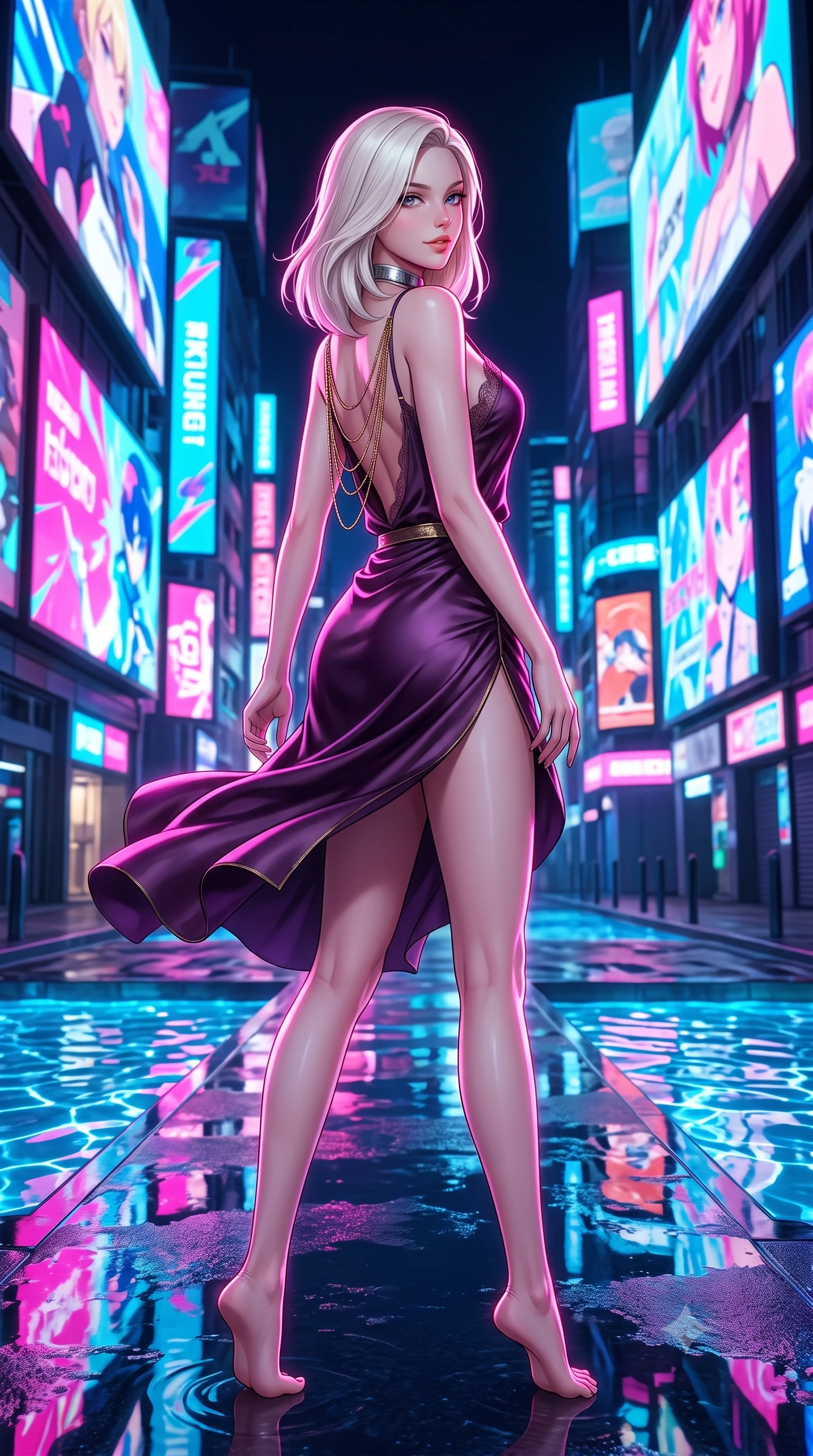 score_9, masterpiece, best quality, ultra-detailed, high-budget anime keyframe, semi-realistic 3D game render, editorial fashion photography, tasteful artistic composition, Caucasian woman. low angle full-body shot from head to toe showing her feet, filling the entire 9:16 vertical frame with her statuesque presence, stretching her vertical silhouette. executing a slow, graceful pivot turn as her skirt sways around her slender legs, glancing back with an enchanting, teasing sensual expression while twisting her slender torso in an alluring contrapposto stance, giant advertising screen video projections painting vibrant colors across her curves. The surrounding environment is rendered in vivid detail and crisp panoramic clarity: detailed strapless boned corset swimsuit weave, silver neck collar shine, and cutting-edge cantilever engineering in razor-sharp precision. She has an absolutely perfect, statuesque 8.5-heads proportion, an exceptionally tall and slender model-like female figure with impossibly long slender legs, an ultra-slim waist, a flat toned midriff, narrow delicate ribcage, and beautifully sculpted feminine hips creating a graceful, slim hourglass silhouette without any bulky heaviness. sharp v-shaped jawline, high-bridge nose, sparkling eyes with hypnotic seductive depth, thick curled eyelashes, glossy parted lips with a natural dewy peach sheen, alluring bedroom-eyes with an enchanting coquettish smile, exuding magnetic siren charisma and sophisticated glamour, flawlessly proportioned anatomical accuracy, strict slender model proportions, natural body alignment, perfectly sculpted long slender limbs, ultra-slim waistline, clean dynamic posture without body distortion. wearing a delicate lace-trimmed silk camisole paired with a draped satin wrap sarong mini skirt with high side slit in rich dark plum violet and gilded antique brass, tailored from ultra-plush velvet with rich tactile depth and deep shadow gradients, accented with an open-back drape framed by falling strands of delicate gold chains, the second-skin tailored fabric adhering flawlessly to her sculpted flat midriff and slender torso, emphasizing her long leg lines and perfectly proportioned willowy build. illuminated by thermal water reflection bounce and sharp electric-pink rim lights sculpting her jawline, flat midriff, and curvy hips. highly saturated vibrant anime colors, detailed shading with soft gradients, rich glossy textures, high-contrast stereoscopic depth, volumetric dynamic lighting, master piece, 9:16 ratio