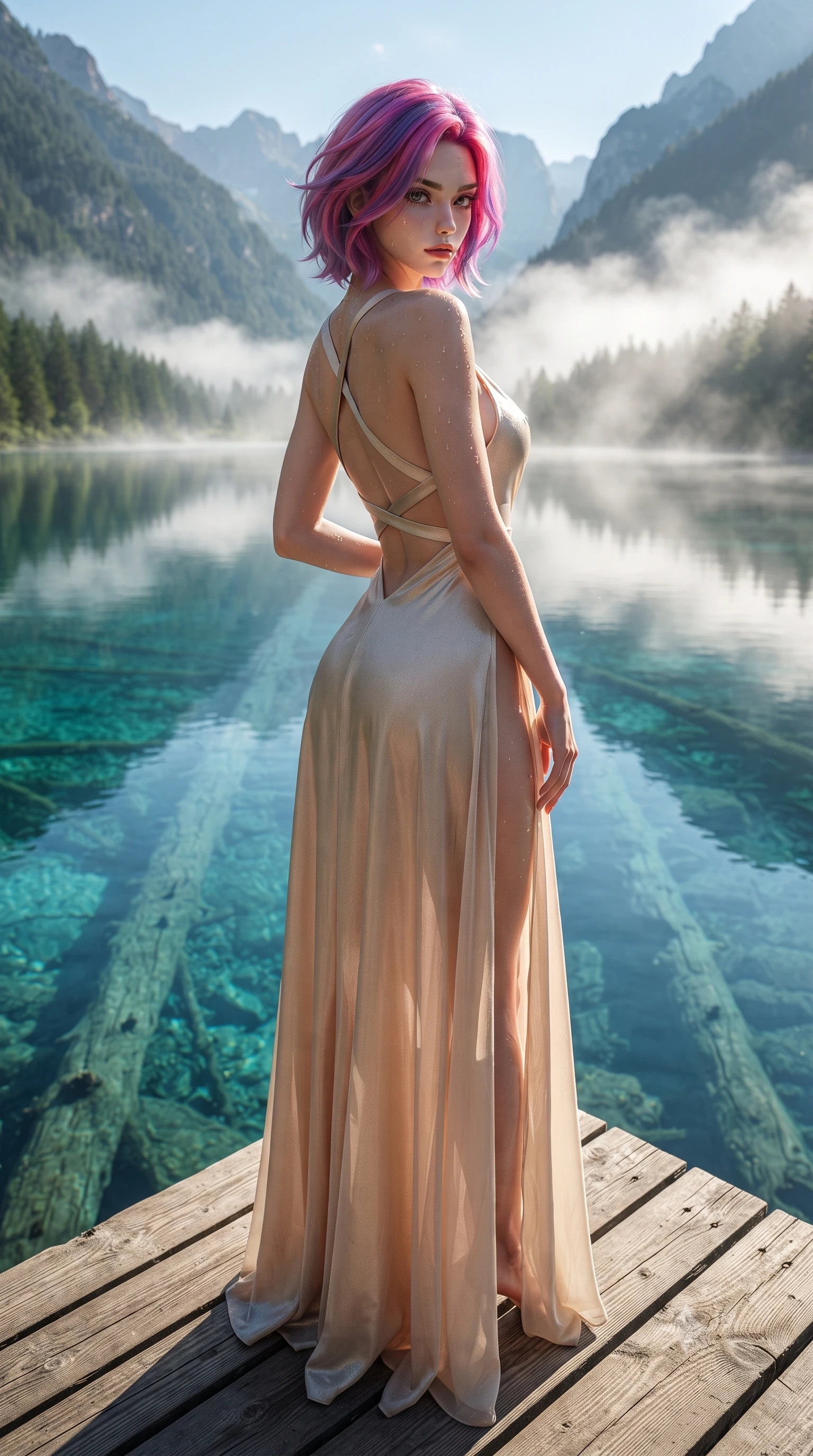 score_9, masterpiece, best quality, ultra-detailed, high-budget anime keyframe, editorial fashion photography, tasteful artistic composition, Caucasian woman. low angle full-body shot from head to toe showing her feet, filling the entire 9:16 vertical frame with her statuesque presence, stretching her vertical silhouette. posing with back turned slightly to the lens, glancing back with smoldering allure as she arches her lower back to emphasize her sculpted feminine hips and slender waist while standing on the wooden lake viewing pier, arching her back as ancient submerged tree trunks lie crystal-clear through multi-hued cyan waters. The surrounding environment is rendered in vivid detail and crisp panoramic clarity. detailed silk dress weave, dewdrop moisture on skin, and mountain reflection clarity in high resolution. She has an exceptionally tall and slender model-like 8.5-heads proportion, an ultra-slim waist, a flat toned midriff, narrow delicate ribcage, and beautifully sculpted feminine hips creating a graceful, slim hourglass silhouette without any bulky heaviness, with impossibly long slender legs. sharp v-shaped jawline, high-bridge nose, intricate jewel-like eyes with depth, thick eyelashes, glossy parted lips with a natural sheen, intensely captivating and seductive bedroom-eyes expression, flawlessly proportioned anatomical accuracy, strict slender model proportions, natural body alignment, perfectly sculpted long slender limbs, ultra-slim waistline, clean dynamic posture without body distortion. wearing a plunging-V neckline duchess satin gown with high side slits ascending to the high hip in dusky blush rose and champagne shimmer, woven from layered gossamer chiffon with a weightless sweeping drape, finished with criss-cross back satin straps highlighting her graceful shoulder blades, the liquid-tight tailored fabric clinging flawlessly to her narrow waist and rounded feminine hips, emphasizing every millimeter of her sculpted slim hourglass curves without any bulky heaviness. bathed in pristine early morning alpine sunlight cutting through rising lake mist. ultra-reflective glossy finish, specular highlights, rich textural contrasts, high-contrast stereoscopic depth, volumetric dynamic lighting, 2k, ultra detail, master piece, 9:16 ratio