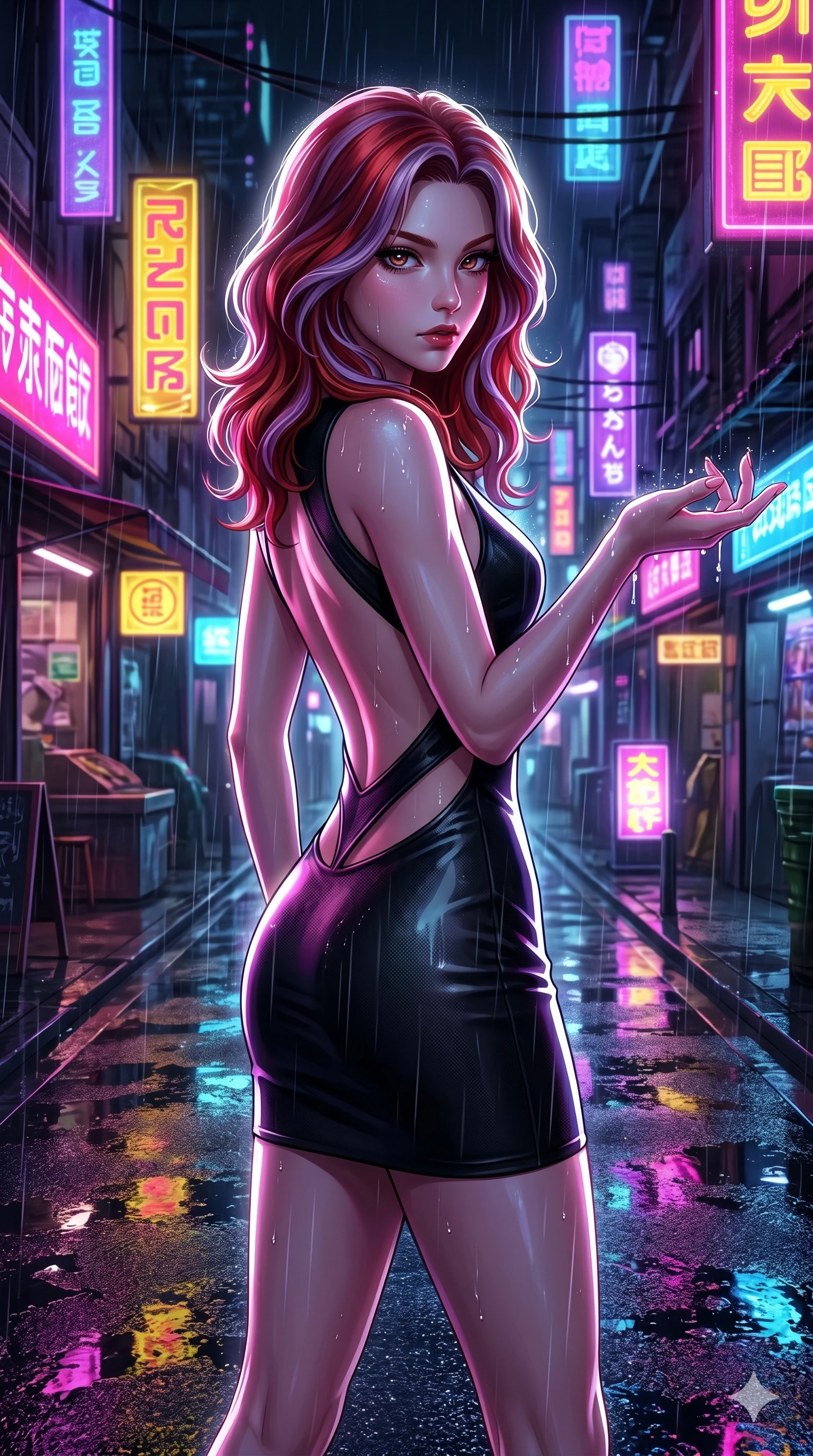 score_9, masterpiece, best quality, ultra-detailed, high-budget anime keyframe, editorial fashion photography, tasteful artistic composition, Caucasian woman, strictly human ears. Upper body close-up from the thighs up, character filling the screen for maximum presence. She is turning around sharply in a futuristic night market, with rain reflections on wet asphalt. She reaches out a hand to catch neon-lit rain droplets with an intense, magnetic gaze. She has an absolutely perfect 8-heads proportion, an exceptionally tall and slender female figure with impossibly long slender legs and an ultra-slim waist. V-shaped jawline, high-bridge nose, intricate jewel-like eyes with depth, thick eyelashes, glossy lips with a natural sheen. She is wearing a second-skin fashion-latex mini dress with a clean architectural front, featuring an open-back design that wraps around the sides of her waist, showcasing her slender silhouette. The scene is lit by bright pink and yellow neon billboards and a sharp white key light tracing her silhouette. 2k, ultra detail, master piece, 9:16 ratio