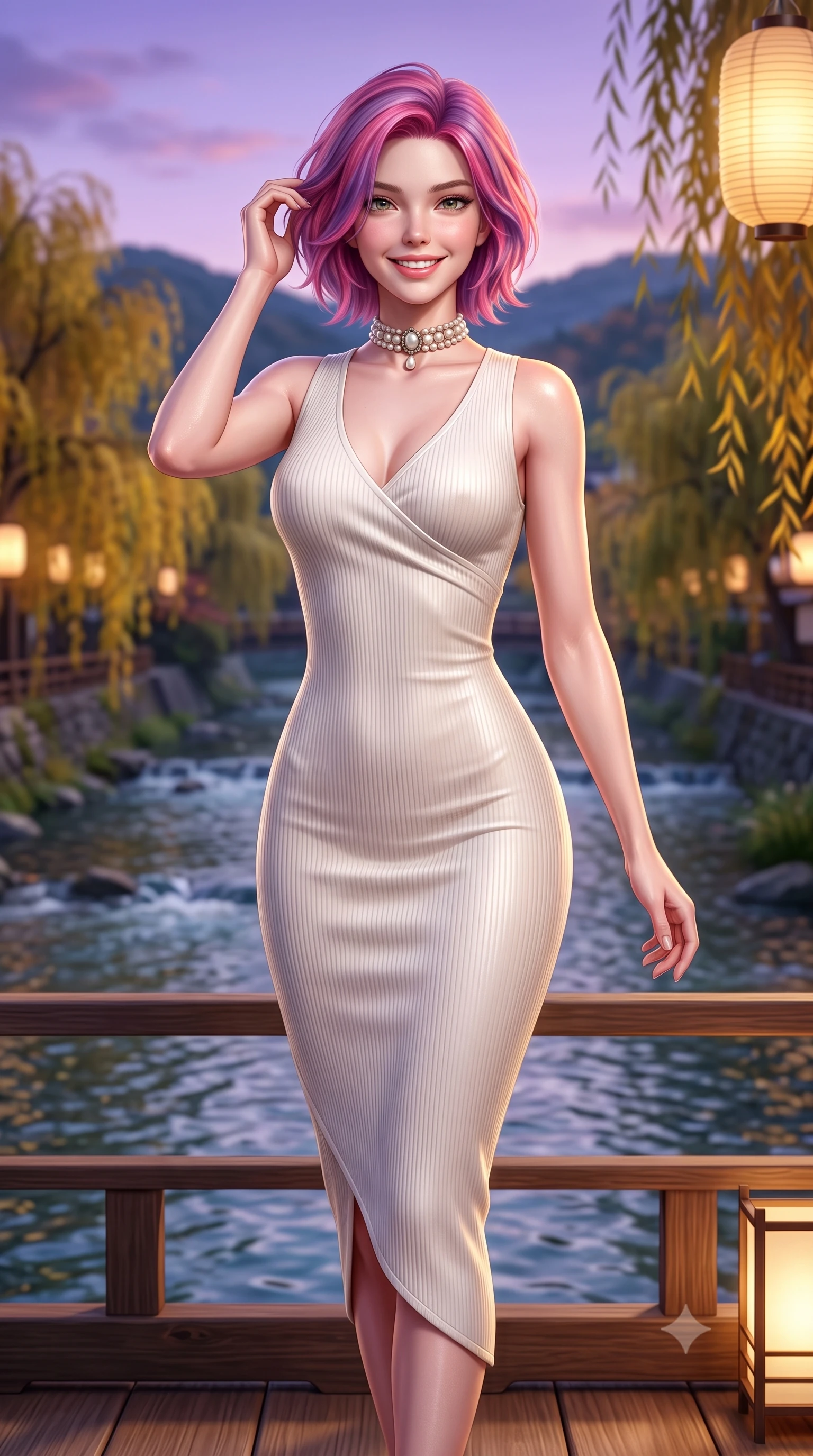 score_9, masterpiece, best quality, ultra-detailed, high-budget anime keyframe, semi-realistic 3D game render, editorial fashion photography, tasteful artistic composition, Caucasian woman. close-up cowboy shot from the waist and thighs up, the character dominates the composition, filling the frame with her large presence. twisting her slender torso in an alluring contrapposto stance, one hand toying with her hair while her gaze radiates magnetic charm while standing poised on the wooden kawayuka deck suspended over the clear riverbank, looking out at autumn willows with a bright, beaming smile. The background shows a soft-focus clear flowing Kamogawa river waters, weeping willow trees turning gold along riverbanks, and distant Higashiyama hills blurred into indigo, golden olive, and slate bokeh. She has an exceptionally elegant, slender, and willowy female figure with an ultra-slim waist, flat toned midriff, narrow ribcage, and sculpted feminine hips creating an alluring, slim hourglass silhouette without bulk. sharp v-shaped jawline, high-bridge nose, intricate jewel-like sparkling eyes with depth, thick eyelashes, glossy parted lips with a natural peach sheen, bright cheerful beaming smile with an enchanting and coquettish sensual glint, exuding both youthful cute charm and seductive allure, flawlessly proportioned anatomical accuracy, strict slender model proportions, natural body alignment, perfectly sculpted long slender limbs, ultra-slim waistline, clean dynamic posture without body distortion. wearing a body-hugging asymmetrical-wrap ribbed knit midi dress with fluid stretch fabric tracing her curvaceous hips in Swiss alpine snow white and oat cashmere, woven from fluid liquid silk jersey that clings smoothly to her narrow waist and rounded hips with a dewy sheen, complemented by an antique baroque pearl choker accentuating her delicate neck and collarbones, the form-contouring silhouette accentuating her sculpted flat midriff, narrow delicate ribcage, and gracefully curvy hips with intoxicating allure. bathed in the soft purple-gold twilight glow of autumn sunset over the Higashiyama mountains mixed with warm paper lantern lights. highly saturated vibrant anime colors, detailed shading with soft gradients, rich glossy textures, high-contrast stereoscopic depth, volumetric dynamic lighting, master piece, 9:16 ratio