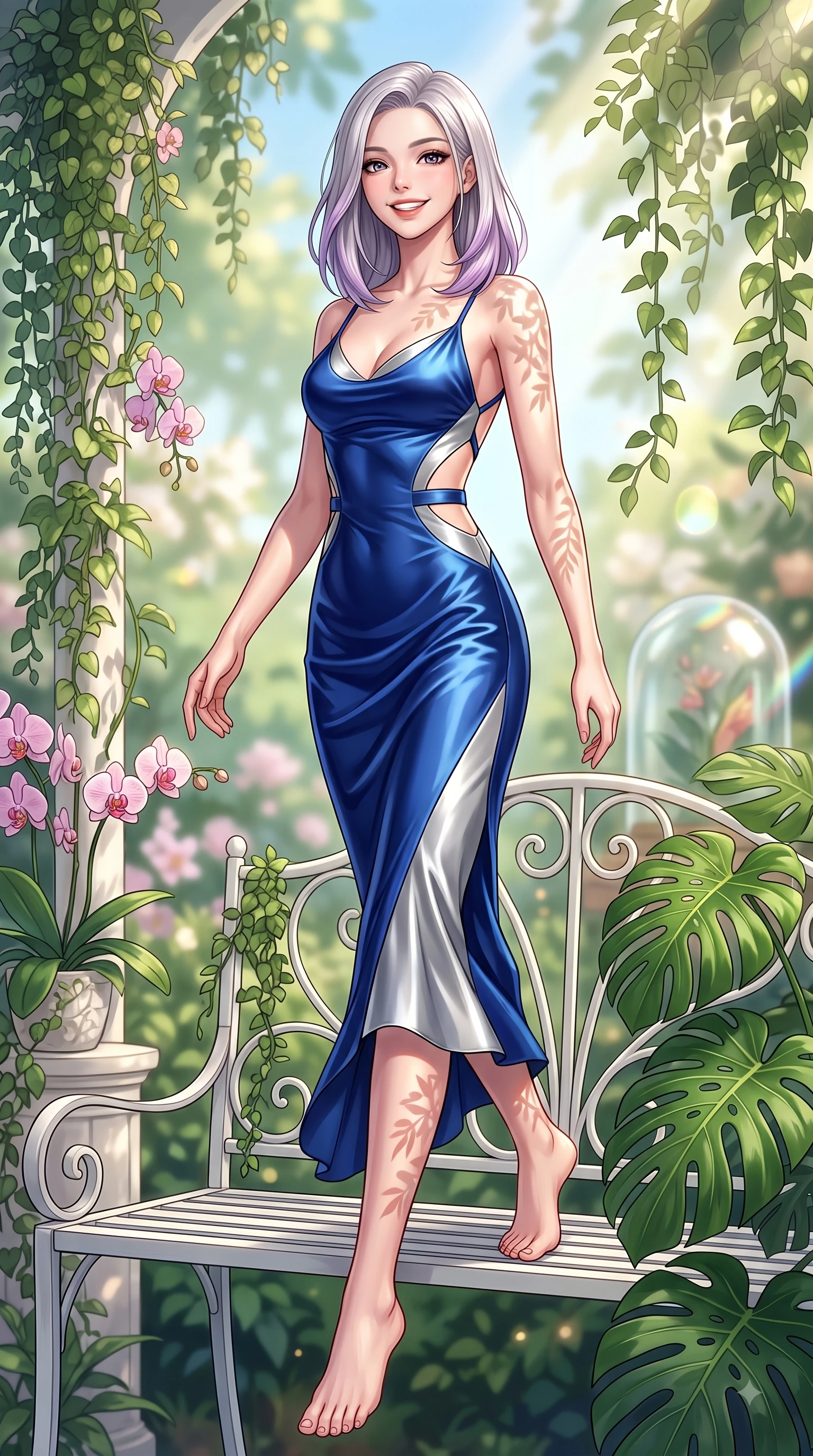 score_9, masterpiece, best quality, ultra-detailed, high-budget anime keyframe, editorial fashion photography, tasteful artistic composition, Caucasian woman. low angle full-body shot from head to toe showing her feet, filling the entire 9:16 vertical frame with her statuesque presence, stretching her vertical silhouette. stepping forward gracefully in mid-motion with a delighted cute expression, displaying her statuesque model proportions while sitting on a white iron garden bench surrounded by blooming orchids and Monstera leaves. The composition keeps background elements in soft focus with dreamy bokeh. cascading botanical vines and glass dome refractions softened in creamy depth of field. She has an absolutely perfect, statuesque 8.5-heads proportion, an exceptionally tall and slender model-like female figure with impossibly long slender legs and an ultra-slim waist. sharp v-shaped jawline, high-bridge nose, intricate jewel-like eyes with depth, thick eyelashes, glossy lips with a natural sheen, flawlessly proportioned anatomical accuracy, natural body alignment, perfectly sculpted elegant limbs, clean dynamic posture without body distortion. wearing a precision-fitted liquid satin slip dress with fluid draped lines and an open back in deep royal blue and polished silver accent, crafted from smooth liquid silk satin, complemented by clean architectural cutouts along her slender torso, the glove-like fit emphasizing her statuesque silhouette during motion. illuminated by fresh botanical sunbeams casting delicate leaf patterns. highly saturated vibrant anime colors, detailed shading with soft gradients, rich glossy textures, high-contrast stereoscopic depth, volumetric dynamic lighting, master piece, 9:16 ratio
