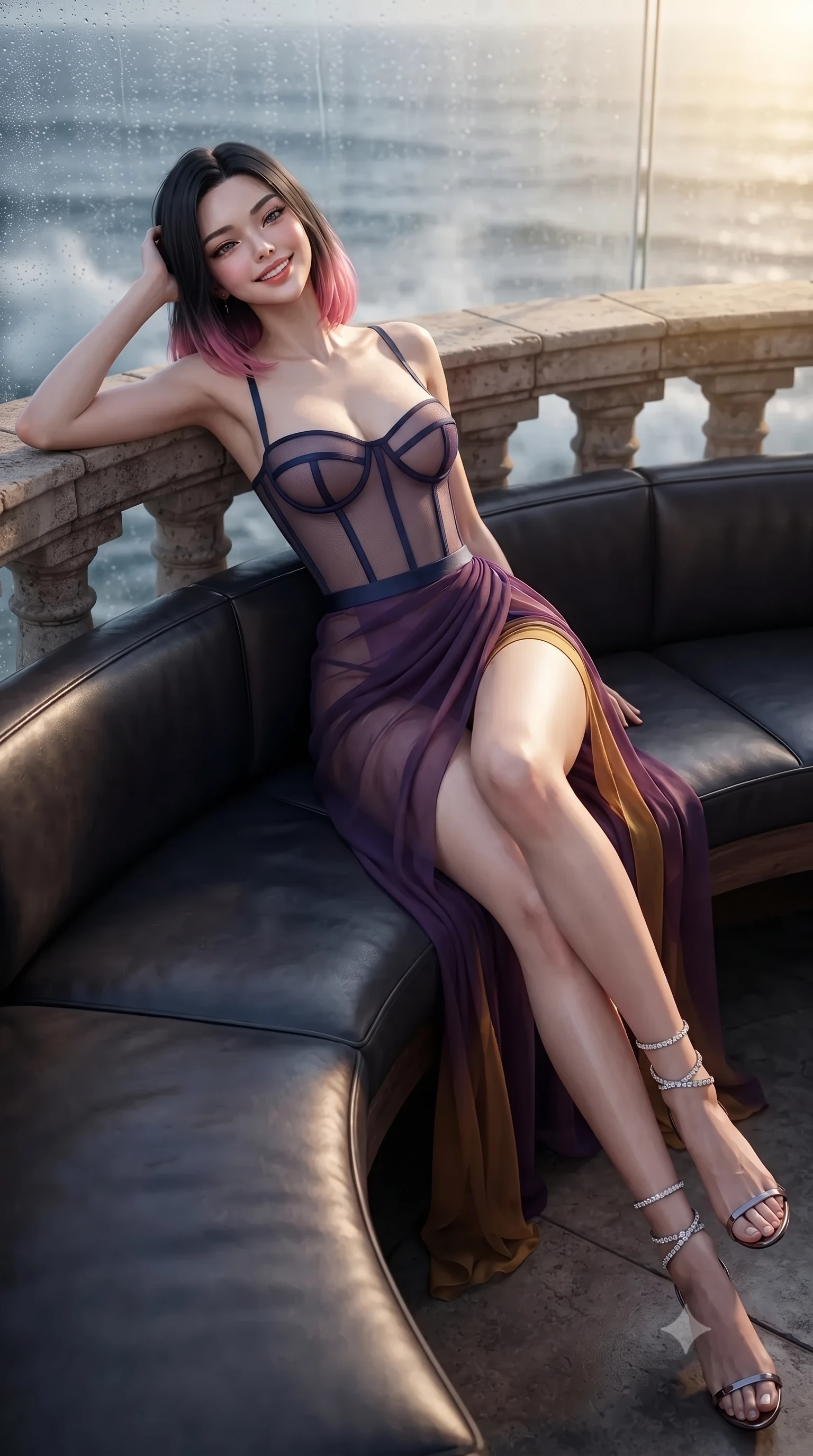 score_9, masterpiece, best quality, ultra-detailed, high-budget anime keyframe, editorial fashion photography, tasteful artistic composition, Korean woman. close-up cowboy shot from the waist and thighs up, the character dominates the composition, filling the frame with her large presence. leaning back against the balustrade with relaxed seductive grace, head tilted back slightly while casting a hypnotic, heavy-lidded gaze while reclining gracefully on the built-in circular leather banquette propped on one elbow with legs extended, displaying her long slender limbs and statuesque hourglass silhouette. The background shows a soft-focus fine ocean spray on curved glass softened in wild maritime fortress shallow focus. She has an exceptionally elegant, slender, and willowy female figure with an ultra-slim waist, flat toned midriff, narrow ribcage, and sculpted feminine hips creating an alluring, slim hourglass silhouette without bulk. sharp v-shaped jawline, high-bridge nose, intricate jewel-like sparkling eyes with depth, thick eyelashes, glossy parted lips with a natural peach sheen, bright cheerful beaming smile with an enchanting and coquettish sensual glint, exuding both youthful cute charm and seductive allure, flawlessly proportioned anatomical accuracy, strict slender model proportions, natural body alignment, perfectly sculpted long slender limbs, ultra-slim waistline, clean dynamic posture without body distortion. wearing a provocative translucent mesh corset bodice with boned satin channels paired with a sheer chiffon wrap maxi skirt in Scottish Highlands heather thistle purple and antique hearth ember gold, made of fluid liquid jersey with seamless sculpting hold and smooth contours, complemented by strappy stiletto sandals with crystal ankle wraps accentuating her slender calves, the impeccably tailored cut draping gracefully along her slender figure with aristocratic poise. bathed in the powerful rotating 3200K golden beam of the lighthouse lens contrasted with deep navy ocean twilight. ultra-reflective glossy finish, specular highlights, rich textural contrasts, high-contrast stereoscopic depth, volumetric dynamic lighting, 2k, ultra detail, master piece, 9:16 ratio