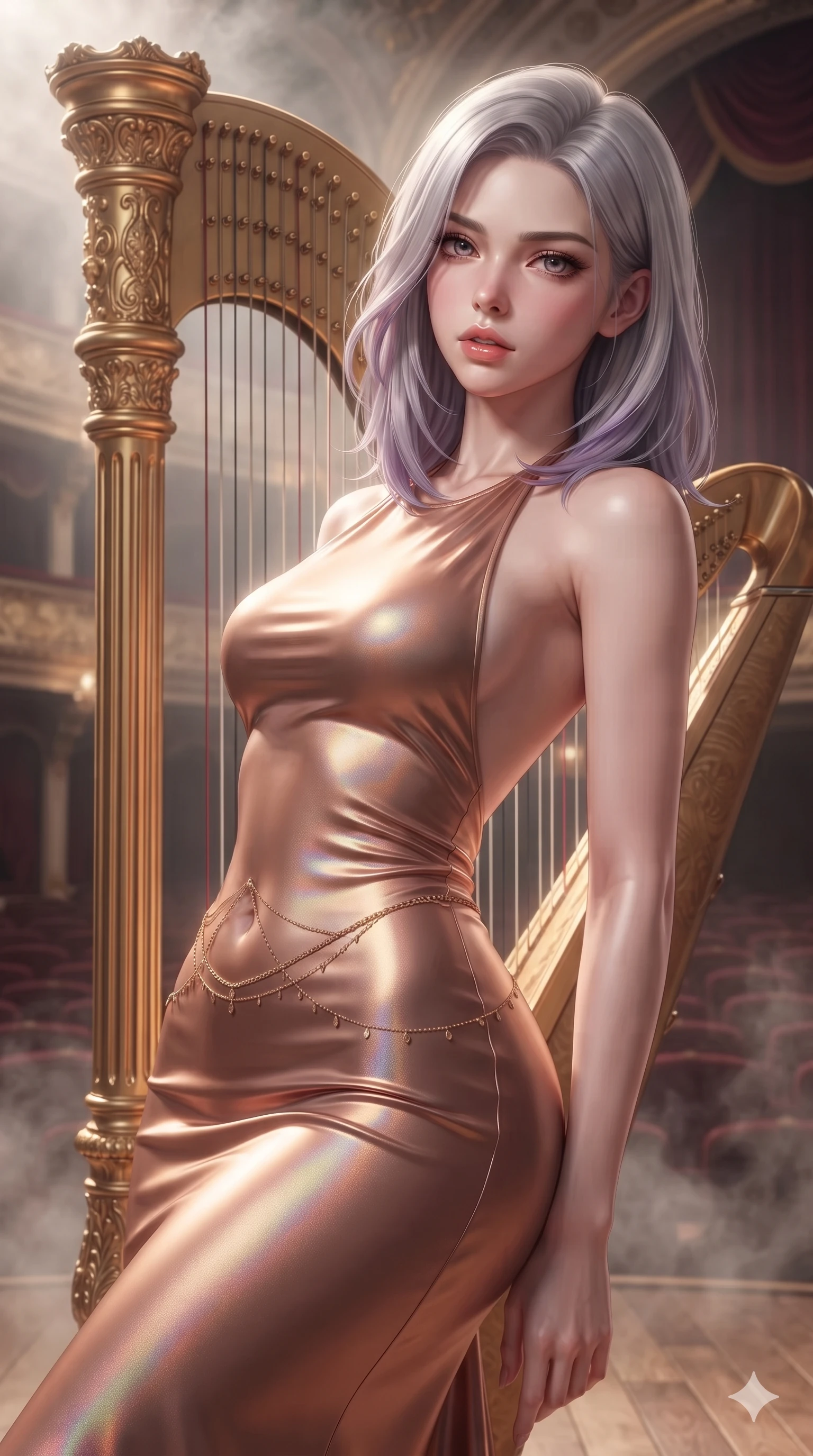 score_9, masterpiece, best quality, ultra-detailed, high-budget anime keyframe, semi-realistic 3D game render, editorial fashion photography, tasteful artistic composition, Caucasian woman. close-up cowboy shot from the waist and thighs up, the character dominates the composition, filling the frame with her large presence. leaning back with relaxed seductive grace, her sculpted collarbones and narrow waist highlighted as she casts smoldering bedroom-eyes directly into the camera while leaning against the ornate golden concert harp with hips cocked back, gazing out across the shadowed amphitheatre with smoldering bedroom-eyes. The composition keeps background elements in soft focus with creamy bokeh: dramatic theatrical auditorium haze softened in majestic baroque opera stage shallow focus. She has an exceptionally elegant, slender, and willowy female figure with an ultra-slim waist, flat toned midriff, narrow ribcage, and sculpted feminine hips creating an alluring, slim hourglass silhouette without bulk. sharp v-shaped jawline, high-bridge nose, intricate jewel-like eyes with depth, thick eyelashes, glossy parted lips with a natural sheen, intensely captivating and seductive bedroom-eyes expression, flawlessly proportioned anatomical accuracy, strict slender model proportions, natural body alignment, perfectly sculpted long slender limbs, ultra-slim waistline, clean dynamic posture without body distortion. wearing an open-back halterneck gala gown in liquid bronze jersey that drapes gracefully along her slender spine in prismatic rose-quartz and alien peach, crafted from fluid liquid silk satin that clings smoothly to her narrow waist and rounded hips with a dewy sheen, accented with a dainty gold belly chain resting across her flat midriff and curving hips, the bespoke structured tailoring following the natural line of her 8.5-heads silhouette with refined elegance. highly saturated vibrant anime colors, dramatic stage rim lights sculpting her razor-sharp jawline and feminine curves. highly saturated vibrant anime colors, detailed shading with soft gradients, rich glossy textures, high-contrast stereoscopic depth, volumetric dynamic lighting, master piece, 9:16 ratio