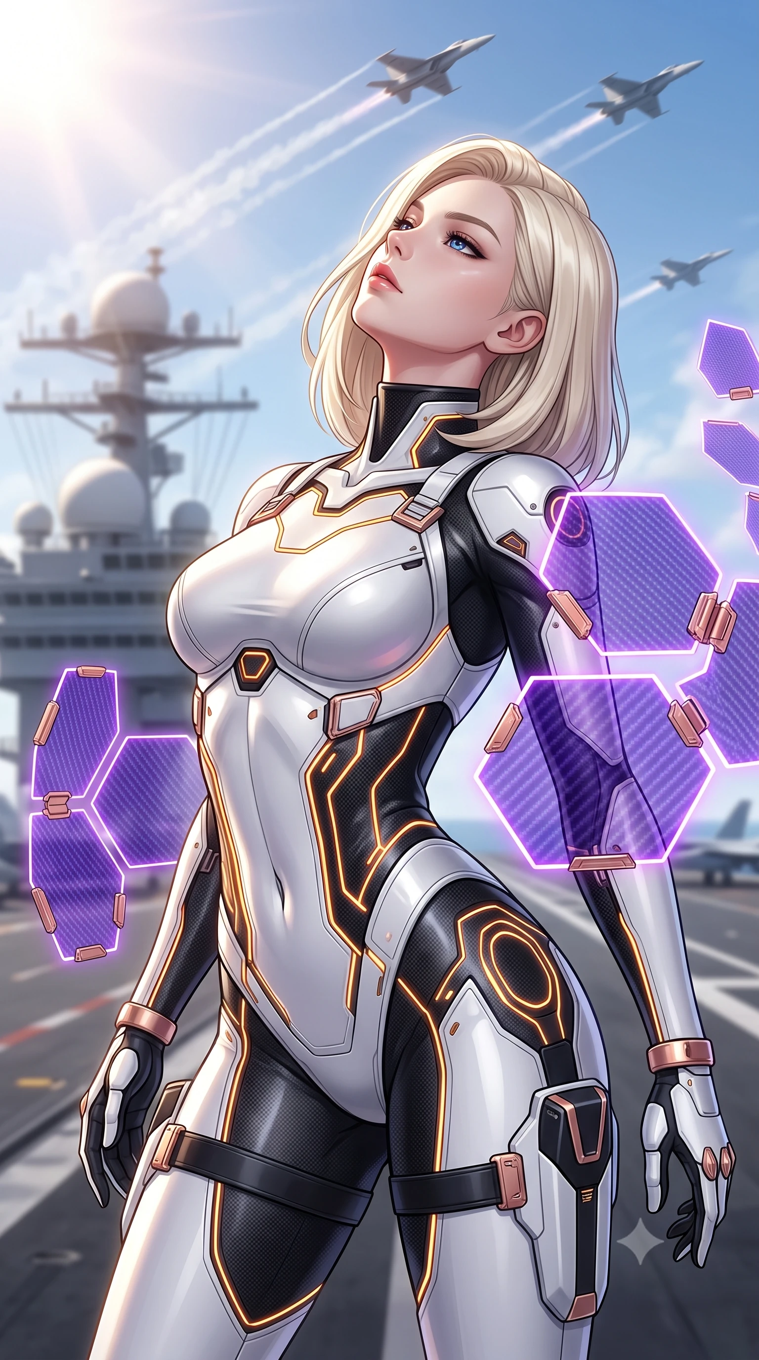 score_9, masterpiece, best quality, ultra-detailed, high-budget anime keyframe, semi-realistic 3D game render, editorial fashion photography, tasteful artistic composition, Caucasian woman. close-up cowboy shot from the waist and thighs up, the character dominates the composition, filling the frame with her large presence. tilting her head back with serene regal elegance, her sharp jawline and sculpted collarbones highlighted by glowing weapon energy reflections while arching her back in fluid poise as supersonic jet fighters streak overhead through brilliant high-altitude sunlight. The composition keeps background elements in soft focus with creamy bokeh. carrier deck catapult tracks and radar radomes softened in luminous shallow depth of field. She has an exceptionally elegant, slender, and willowy female figure with an ultra-slim waist, a gracefully sculpted slender torso, toned flat midriff, and a refined slim silhouette. sharp v-shaped jawline, high-bridge nose, intricate jewel-like eyes with depth, thick eyelashes, glossy lips with a natural sheen, flawlessly proportioned anatomical accuracy, strict slender model proportions, natural body alignment, perfectly sculpted long slender limbs, ultra-slim waistline, clean dynamic posture without body distortion. wearing a high-contrast monochrome white-and-black carbon-composite exoskeleton suit with glowing amber circuitry, deploying floating hexagonal holographic energy shields with sovereign grace in royal purple carbon fiber with rose-gold hardware and clasps, crafted from ultra-strong woven carbon-fiber composite with a satin luster, detailed with magnetic weapon holsters and polished chrome connection clasps, the sleek second-skin cut tightly hugging her graceful clavicle, narrow waist, and feminine curves with athletic precision. illuminated by crisp specular highlights tracing her sculpted collarbones, waistline, and long slender legs. rich saturated anime colors with glowing neon highlights, detailed shading with soft gradients, rich glossy textures, high-contrast stereoscopic depth, volumetric dynamic lighting, master piece, 9:16 ratio