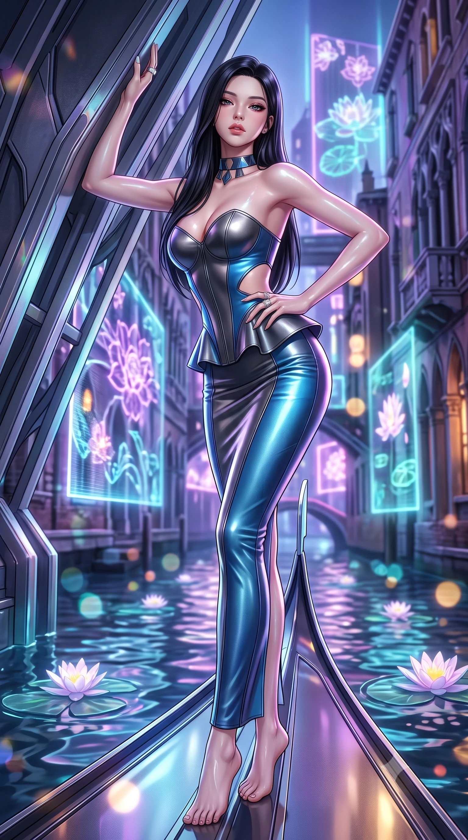 score_9, masterpiece, best quality, ultra-detailed, high-budget anime keyframe, semi-realistic 3D game render, editorial fashion photography, tasteful artistic composition, Korean woman. low angle full-body shot from head to toe showing her feet, filling the entire 9:16 vertical frame with her statuesque presence, stretching her vertical silhouette. leaning deep against the structural architecture with hips cocked in an unapologetically bold, seductive high-fashion stance while standing on the sleek composite prow of an electric hydrofoil gondola, arching her back as neon-lit bridges and holographic water lilies glide past. The composition keeps background elements in soft focus with creamy bokeh. illuminated gothic canal facades and glowing holographic floral projections blurred into electric violet, turquoise, and amber bokeh. She has an exceptionally tall and slender model-like 8.5-heads proportion, an ultra-slim waist, a flat toned midriff, narrow delicate ribcage, and beautifully sculpted feminine hips creating a graceful, slim hourglass silhouette without any bulky heaviness, with impossibly long slender legs. sharp v-shaped jawline, high-bridge nose, intricate jewel-like eyes with depth, thick eyelashes, glossy parted lips with a natural sheen, intensely captivating and seductive bedroom-eyes expression, flawlessly proportioned anatomical accuracy, strict slender model proportions, natural body alignment, perfectly sculpted long slender limbs, ultra-slim waistline, clean dynamic posture without body distortion. wearing a modern peplum corset dress with side-waist diamond cutouts and an ultra-tight silhouette in metallic gunmetal and electric azure, formed from supple second-skin lambskin leather with specular sheen, complemented by a bold geometric choker and sparkling cocktail ring, the glove-like aerodynamic silhouette tightly following the natural contour of her hips and long slender legs with statuesque 8.5-heads elegance. illuminated by shimmering water surface specular reflections accentuating her sculpted midriff, narrow waist, and curvy hips. highly saturated vibrant anime colors, detailed shading with soft gradients, rich glossy textures, high-contrast stereoscopic depth, volumetric dynamic lighting, master piece, 9:16 ratio