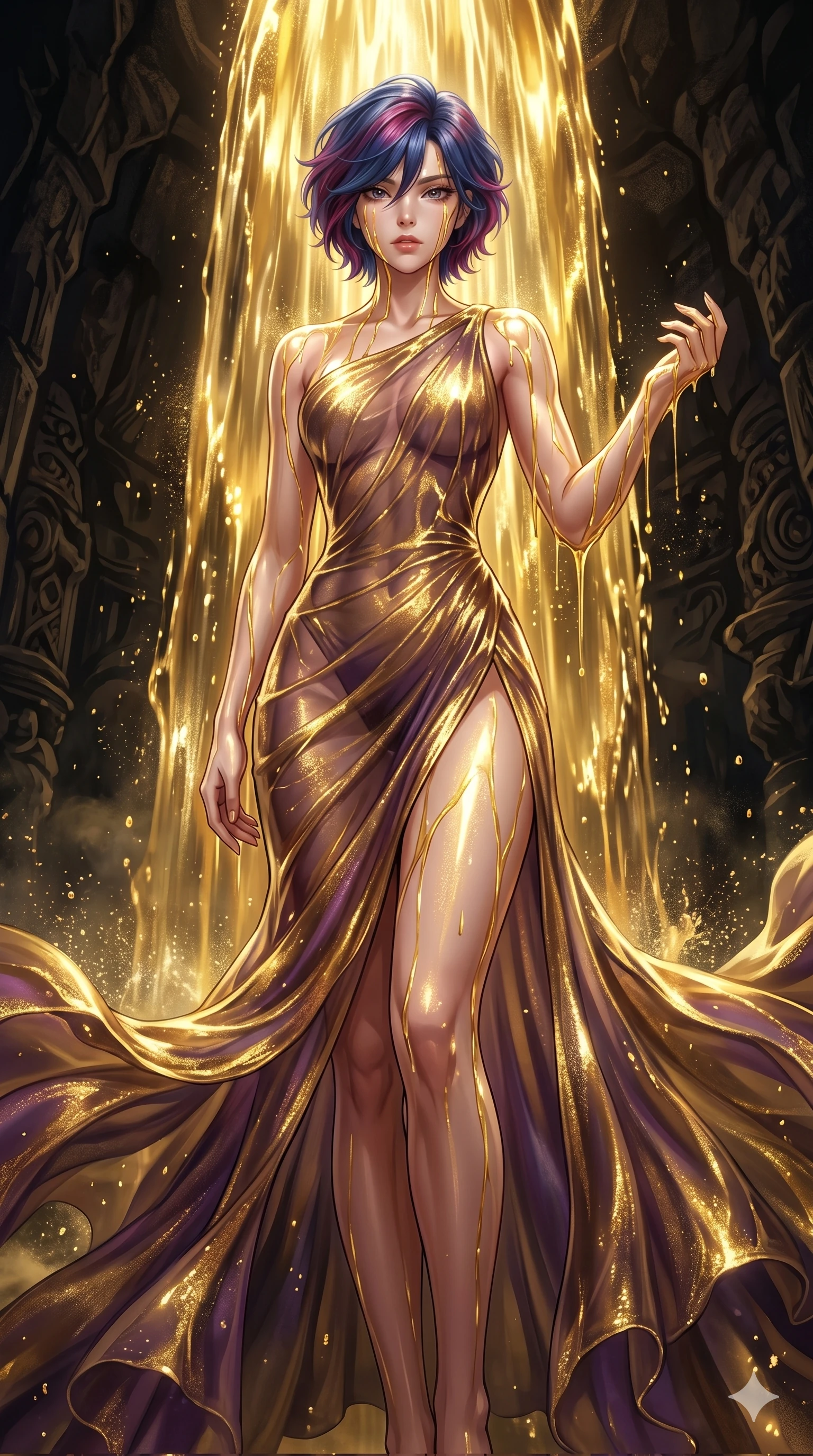 score_9, masterpiece, best quality, ultra-detailed, High-budget Anime Keyframe, East Asian woman. Low angle cowboy shot filling the entire 9:16 frame with her statuesque presence. Scenario 279: Standing under a waterfall of liquid gold, the fluid coating her form. Her presence is magnetic and overpowering in this high-budget anime scene. Outfit 279: A shimmering chiffon sheer with a thigh-high slit and tight-fitting silhouette. The clothing is designed to emphasize her exceptionally tall and slender 8-heads proportion. 8-heads proportion, towering silhouette, ultra-slim waist. sharp v-shaped jawline, intricate jewel-like eyes with depth, thick eyelashes, glossy lips. 2k, ultra detail, master piece, 9:16 ratio