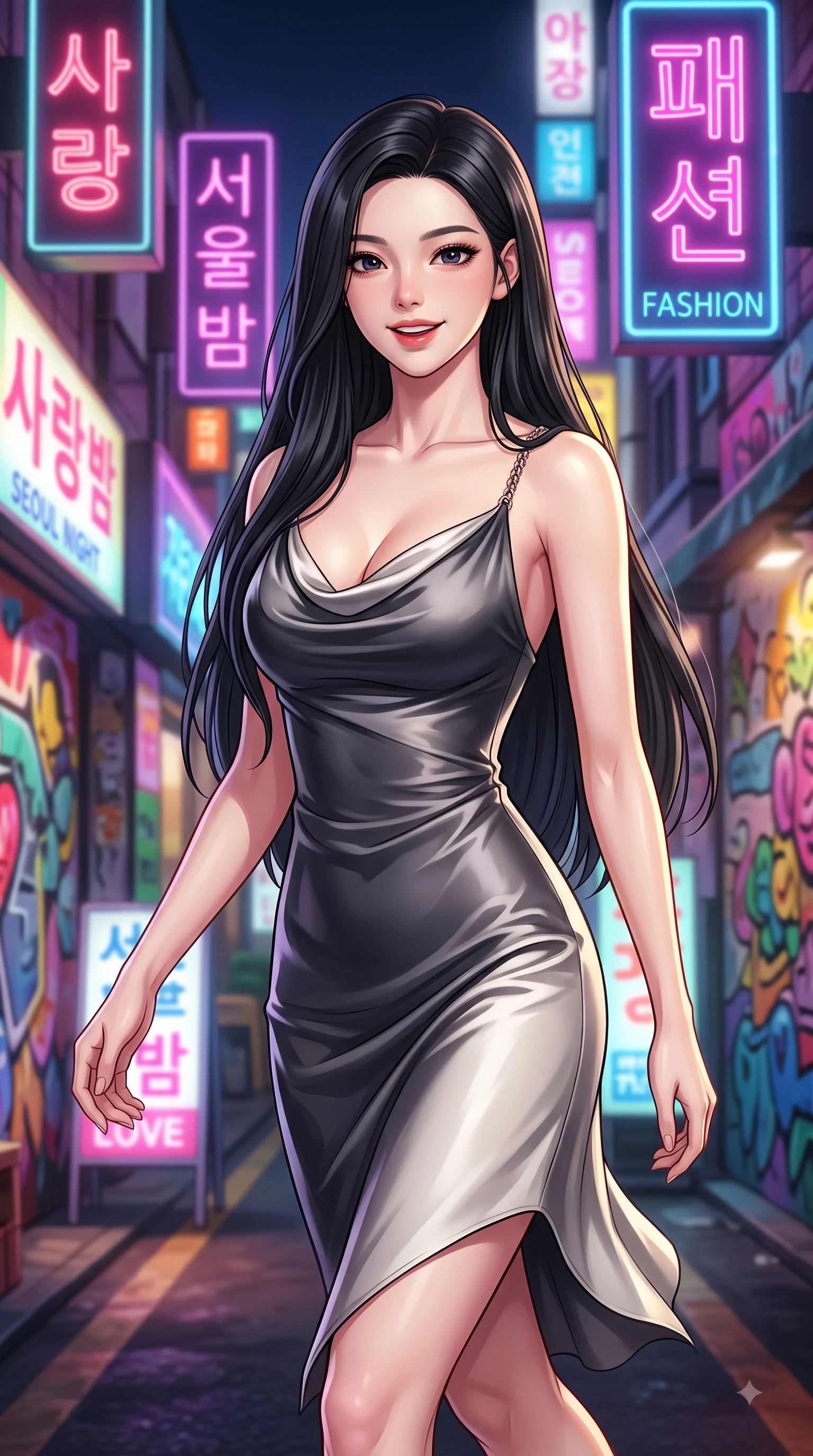 score_9, masterpiece, best quality, ultra-detailed, high-budget anime keyframe, editorial fashion photography, tasteful artistic composition, Korean woman. close-up cowboy shot from the waist and thighs up, the character dominates the composition, filling the frame with her large presence, background elements kept in soft focus. Playful cute expression with a warm smile and parted lips, looking right into the camera with vibrant energy while pivoting in a stylish stride under neon shop signs as urban sunbeams illuminate her cute smile, vibrant urban street art and neon shop signs casting colorful ambient light around her. She has an exceptionally elegant, slender, and willowy female figure with an ultra-slim waist, a gracefully sculpted slender torso, and a refined silhouette. sharp v-shaped jawline, high-bridge nose, intricate jewel-like eyes with depth, thick eyelashes, glossy lips with a natural sheen, flawlessly proportioned anatomical accuracy, natural body alignment, perfectly sculpted elegant limbs, clean dynamic posture without body distortion. wearing an elegant cowl-neck satin midi dress with a graceful draped neckline in charcoal grey and platinum, crafted from smooth liquid silk, adorned with delicate metallic chain straps along the neckline, the tailored fabric tightly following every curve of her athletic build. illuminated by vibrant neon shop signs and crisp clear afternoon key light. highly saturated vibrant anime colors, detailed shading with soft gradients, rich glossy textures, high-contrast stereoscopic depth, volumetric dynamic lighting, master piece, 9:16 ratio
