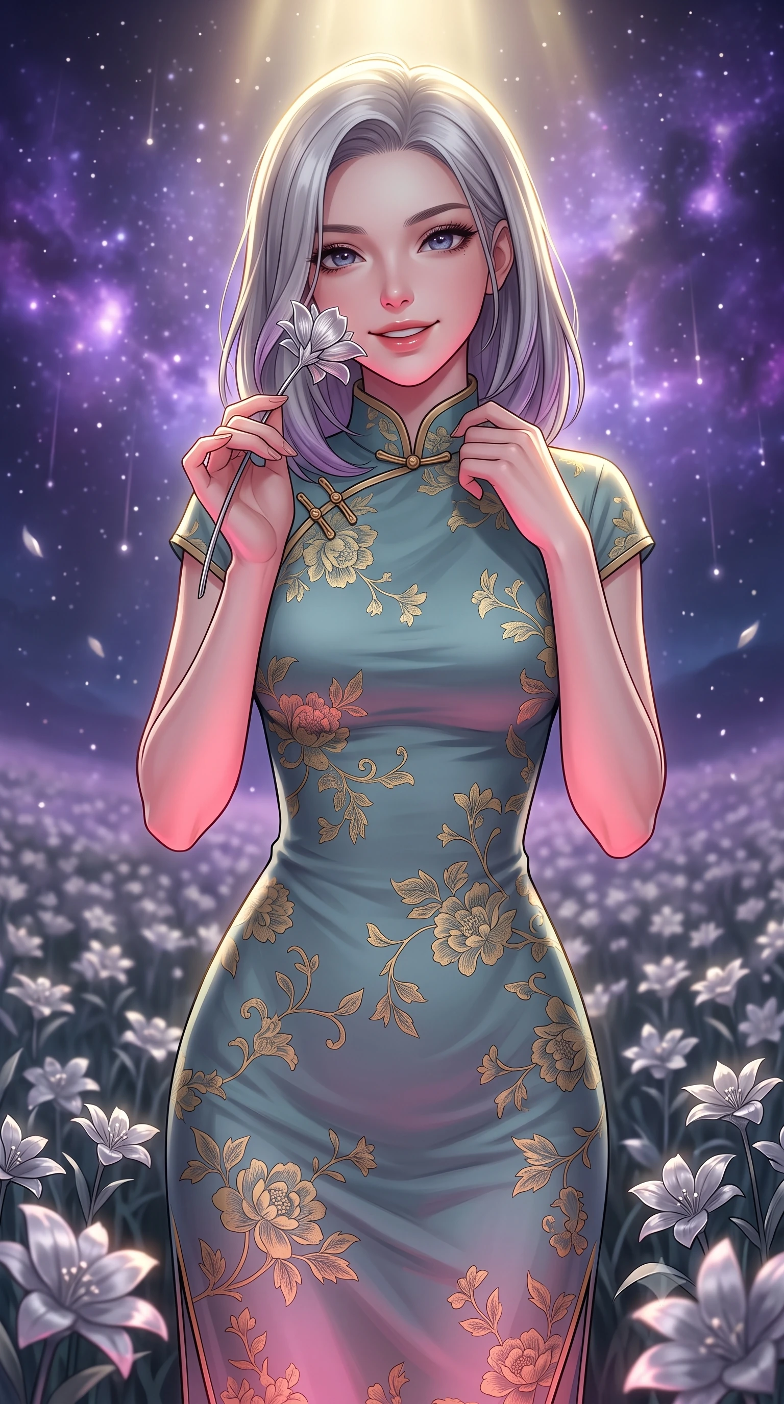 score_9, masterpiece, best quality, ultra-detailed, high-budget anime keyframe, editorial fashion photography, tasteful artistic composition, Caucasian woman, strictly human ears. close-up cowboy shot from the waist and thighs up, the character dominates the composition, filling the frame with her large presence, background elements kept in soft focus. Holding a delicate flower near her cheek, smiling with dreamy happiness. set against a soft-focus background of in an endless field of silver flowers swaying in the night breeze under a sky filled with glowing violet nebulae and falling stardust. She has an exceptionally elegant, slender, and willowy female figure with a highly-defined ultra-slim waist, a gracefully sculpted slender torso, and a refined slim-fit silhouette that contours her form. sharp v-shaped jawline, high-bridge nose, intricate jewel-like eyes with depth, thick eyelashes, glossy lips with a natural sheen. wearing a modern fusion qipao-inspired midi dress in muted teal and gold floral print with a mandarin collar. dramatic contrast of hot pink furnace glow from below and cool golden light from above. 2k, ultra detail, master piece, 9:16 ratio