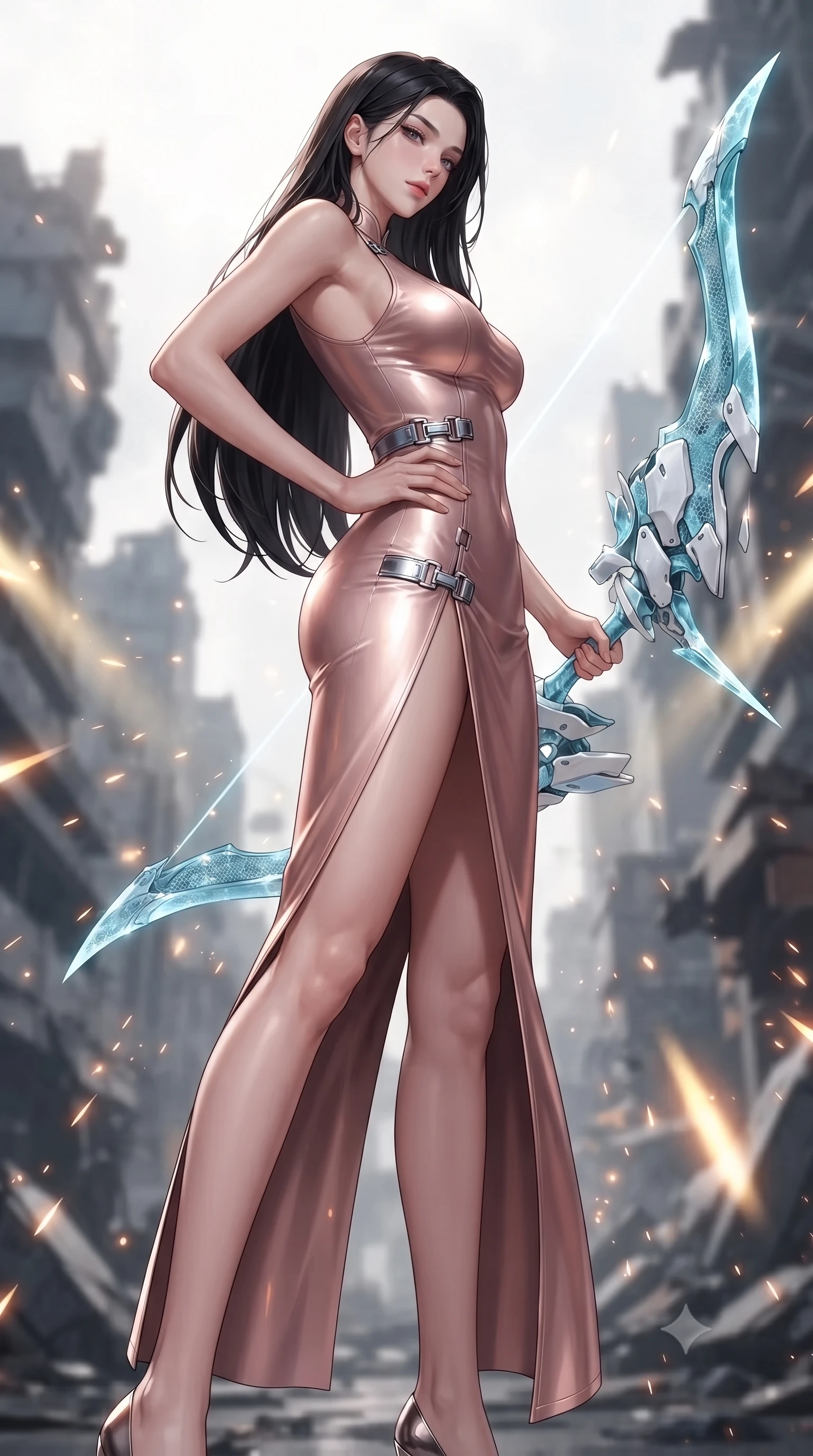 score_9, masterpiece, best quality, ultra-detailed, high-budget anime keyframe, editorial fashion photography, tasteful artistic composition, Korean woman. low angle full-body shot from head to toe showing her feet, filling the entire 9:16 vertical frame with her statuesque presence, stretching her vertical silhouette. arching her spine in a fluid zero-gravity combat turn with sovereign grace, her long slender legs and sculpted torso creating a sweeping line of power while resting one hand on her slender hip while looking down the edge of her massive weapon with haughty, captivating allure. The composition keeps background elements in soft focus with creamy bokeh. sparks and glowing sword glyphs scattering radiant light motes across a ruined futuristic backdrop. She has an absolutely perfect, statuesque 8.5-heads proportion, an exceptionally tall and slender model-like female figure with impossibly long slender legs, a toned flat midriff, and an ultra-slim waist. sharp v-shaped jawline, high-bridge nose, intricate jewel-like eyes with depth, thick eyelashes, glossy lips with a natural sheen, flawlessly proportioned anatomical accuracy, strict slender model proportions, natural body alignment, perfectly sculpted long slender limbs, ultra-slim waistline, clean dynamic posture without body distortion. wearing a form-fitting luminous rose-gold carbon combat gown with tactical side slits, wielding a floating magnetic energy bow with celestial poise in glacial ice-cyan carbon mesh with pure white armor plates, made of liquid carbon-jersey fabric adhering flawlessly to her sculpted silhouette, detailed with magnetic weapon holsters and polished chrome connection clasps, the glove-like aerodynamic second-skin fit tightly clinging to her ultra-slender waist and athletic curves without adding bulk, accentuating her razor-sharp statuesque lines and slim hourglass silhouette. bathed in warm golden arena searchlights and glowing greatsword energy channel radiance. ultra-reflective glossy finish, specular highlights, dark metallic sheen, high-contrast stereoscopic depth, volumetric dynamic lighting, 2k, ultra detail, master piece, 9:16 ratio