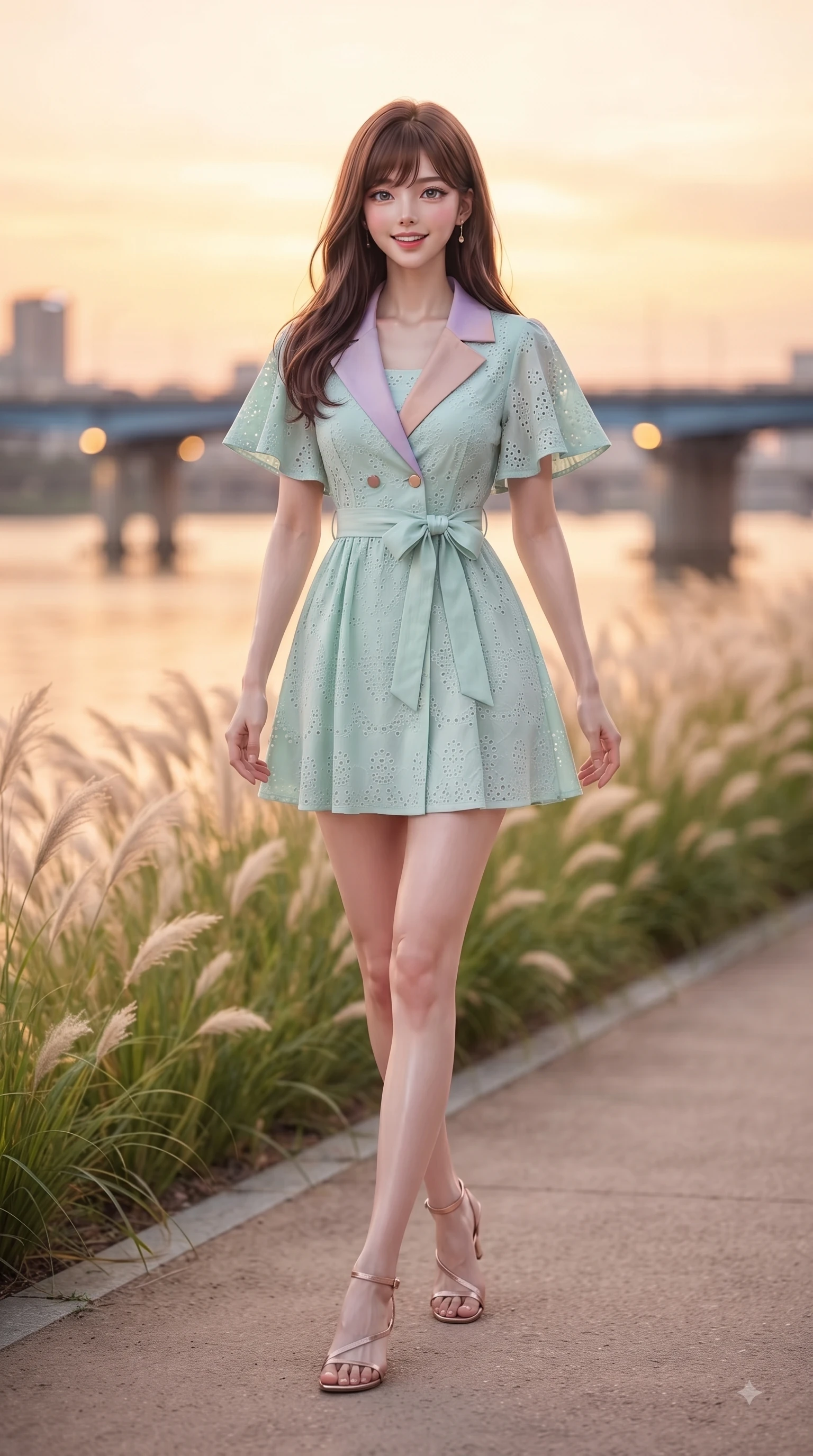 score_9, masterpiece, best quality, ultra-detailed, high-budget anime keyframe, editorial fashion photography, tasteful artistic composition, Korean woman. low angle full-body shot from head to toe showing her feet, filling the entire 9:16 vertical frame with her statuesque presence, stretching her vertical silhouette. stepping forward gracefully in mid-motion with a delighted cute expression, displaying her statuesque model proportions while walking cheerfully along a park pathway bordered by swaying pampas grass as sunset light paints the sky. The composition keeps background elements in soft focus with dreamy bokeh. rose-gold river reflections and distant city bridges blurred into warm golden evening bokeh. She has an absolutely perfect, statuesque 8.5-heads proportion, an exceptionally tall and slender model-like female figure with impossibly long slender legs and an ultra-slim waist. sharp v-shaped jawline, high-bridge nose, intricate jewel-like eyes with depth, thick eyelashes, glossy lips with a natural sheen, flawlessly proportioned anatomical accuracy, natural body alignment, perfectly sculpted elegant limbs, clean dynamic posture without body distortion. wearing a stylish pastel mint trench dress with a tied belt waist and folded collar in pastel lilac and soft rose gold, woven with delicate eyelet lace and soft cotton, featuring elegant flutter sleeves and a graceful square neckline, the tailored casual silhouette highlighting her fresh and youthful presence. surrounded by a serene, uplifting, and romantic park ambiance. ultra-reflective glossy finish, specular highlights, metallic sheen, high-contrast stereoscopic depth, volumetric dynamic lighting, 2k, ultra detail, master piece, 9:16 ratio