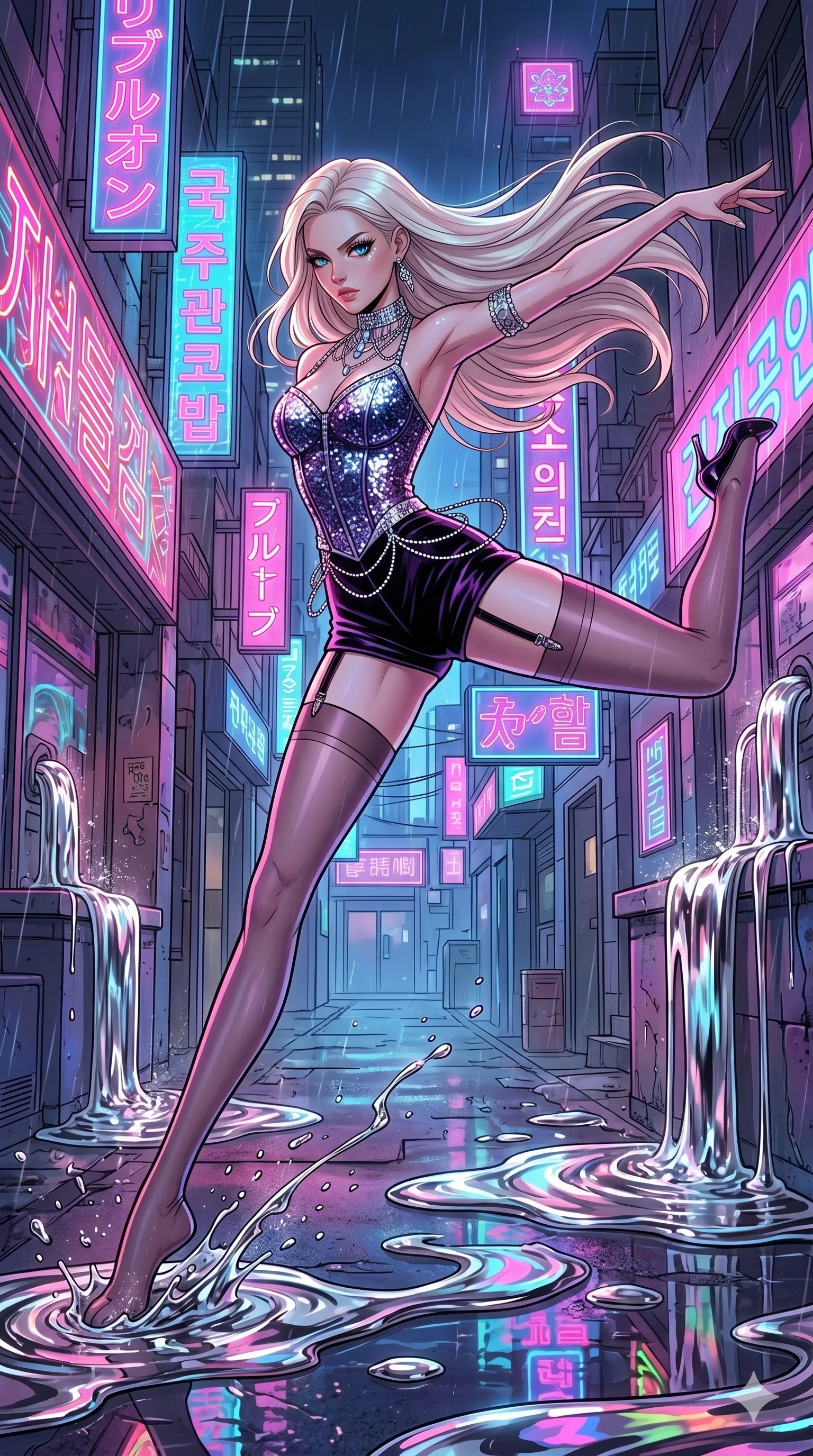 score_9, masterpiece, best quality, ultra-detailed, high-budget anime movie keyframe, cinematic anime lighting, intricate line art, Caucasian (strictly human ears) woman. Dynamic full-body shot stretching the vertical silhouette across the 9:16 frame. leaping gracefully in a neon-lit cyberpunk alleyway with liquid mercury fountains. She has an absolutely perfect 8-heads proportion, an exceptionally tall and slender female figure with an ultra-slim waist and impossibly long slender legs. sharp v-shaped jawline, high-bridge nose, intricate jewel-like eyes, thick eyelashes, glossy lips. Wearing luxurious K-pop idol stage outfit featuring a sparkling sequined corset, high-cut velvet shorts, and sheer silk stockings with garter belts, accessorized with crystal chokers. The scene is illuminated by dramatic atmospheric lighting and vibrant color palettes. , 2k, ultra detail, master piece, 9:16 ratio