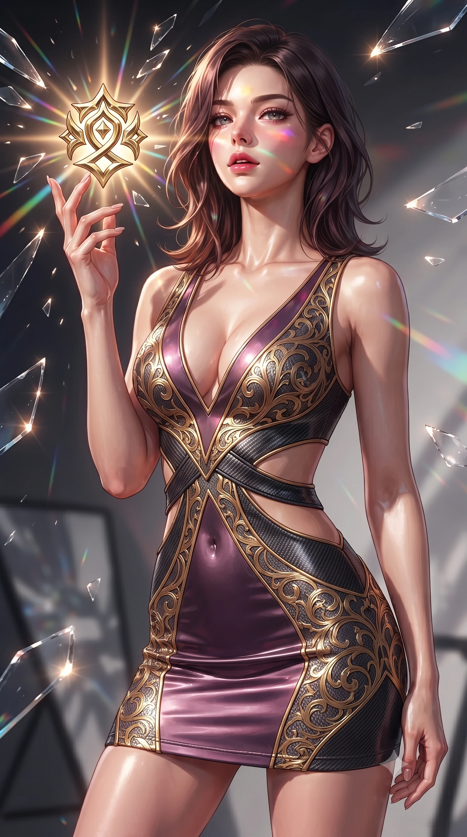 score_9, masterpiece, best quality, ultra-detailed, high-budget anime keyframe, editorial fashion photography, tasteful artistic composition, Korean woman. close-up cowboy shot from the waist and thighs up, the character dominates the composition, filling the frame with her large presence, background elements kept in soft focus. Tilting her chin up slightly with lips parted in a magnetic, composed expression touching a floating golden icon surrounded by kaleidoscope light rays, shattered glass shards catching bright specular highlights in mid-air. She has an exceptionally elegant, slender, and willowy female figure with an ultra-slim waist, a gracefully sculpted slender torso, and a refined silhouette. sharp v-shaped jawline, high-bridge nose, intricate jewel-like eyes with depth, thick eyelashes, glossy lips with a natural sheen. wearing a liquid mercury gloss mini dress with ultra-deep V-neck and waist cutouts in plum purple and gold filigree, made of fine carbon-fiber weave and soft matte leather, featuring subtle geometric cutouts that highlight her ultra-slim midriff, the form-contouring material highlighting her ultra-slim waist and long lines. lit by bright sunbursts creating vivid, saturated color projections. highly saturated vibrant anime colors, detailed shading with soft gradients, rich glossy textures, high-contrast stereoscopic depth, volumetric dynamic lighting, master piece, 9:16 ratio