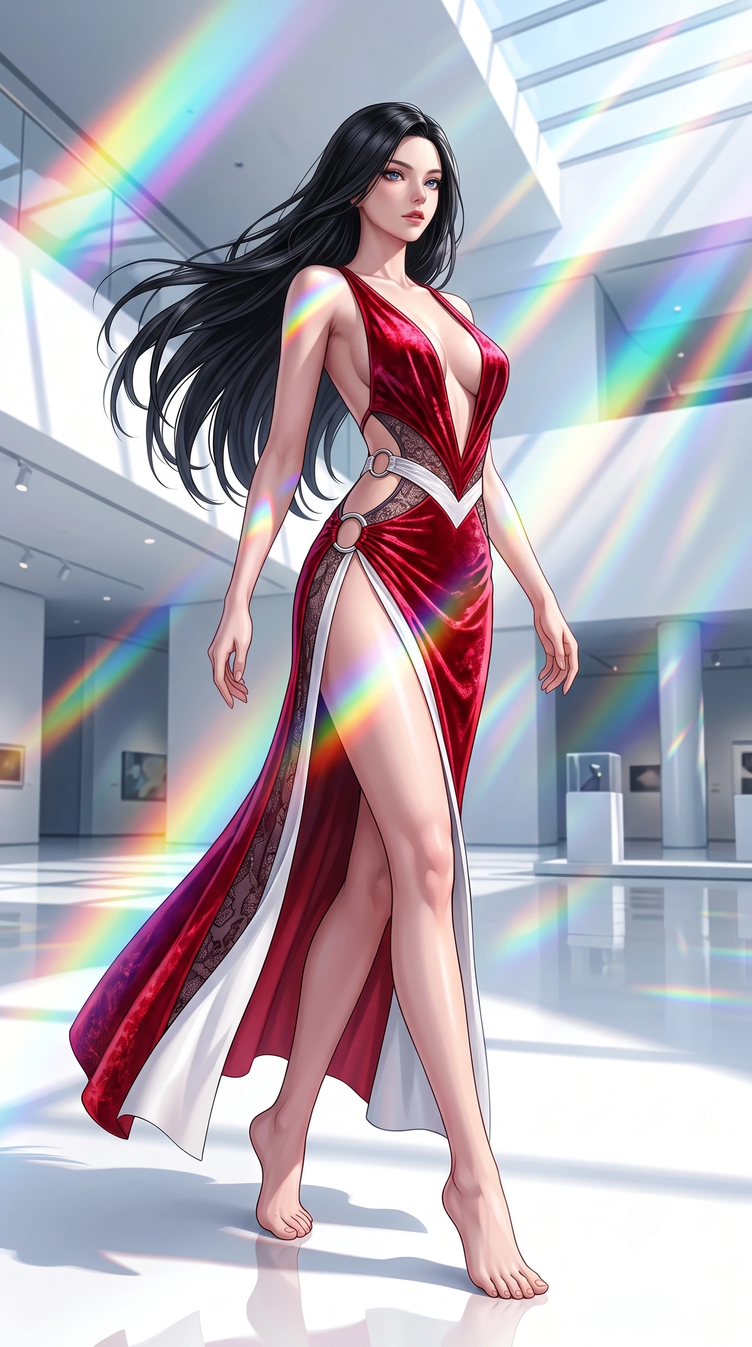 score_9, masterpiece, best quality, ultra-detailed, high-budget anime keyframe, semi-realistic 3D game render, editorial fashion photography, tasteful artistic composition, Korean woman. low angle full-body shot from head to toe showing her feet, filling the entire 9:16 vertical frame with her statuesque presence, stretching her vertical silhouette. pivoting dynamically in mid-motion with a breathtakingly alluring posture, displaying her flawless model proportions and ultra-slim waist while pivoting dynamically on a white epoxy floor as vibrant spectrum light bands wrap around her slender figure. The surrounding environment is rendered in vivid detail and crisp panoramic clarity. intricate light refraction patterns, crisp modern museum architecture, and clean shadows in high clarity. She has an absolutely perfect, statuesque 8.5-heads proportion, an exceptionally tall and slender model-like female figure with impossibly long slender legs, a toned flat midriff, and an ultra-slim waist. sharp v-shaped jawline, high-bridge nose, intricate jewel-like eyes with depth, thick eyelashes, glossy lips with a natural sheen, flawlessly proportioned anatomical accuracy, strict slender model proportions, natural body alignment, perfectly sculpted long slender limbs, ultra-slim waistline, clean dynamic posture without body distortion. wearing a backless crimson crushed velvet gown with a deep plunging V-neckline, strategic hip cutouts, and an ultra-high thigh slit in radiant crimson silk and crisp snow white, crafted from delicate dark lace interwoven with luminescent micro-fibers, detailed with polished silver rings connecting the daring side-waist cutouts, the sleek second-skin cut tightly hugging her graceful clavicle, narrow waist, and feminine curves with athletic precision. bathed in brilliant natural white daylight intersected by vivid saturated rainbow prism beams. highly saturated vibrant anime colors, detailed shading with soft gradients, rich glossy textures, high-contrast stereoscopic depth, volumetric dynamic lighting, master piece, 9:16 ratio