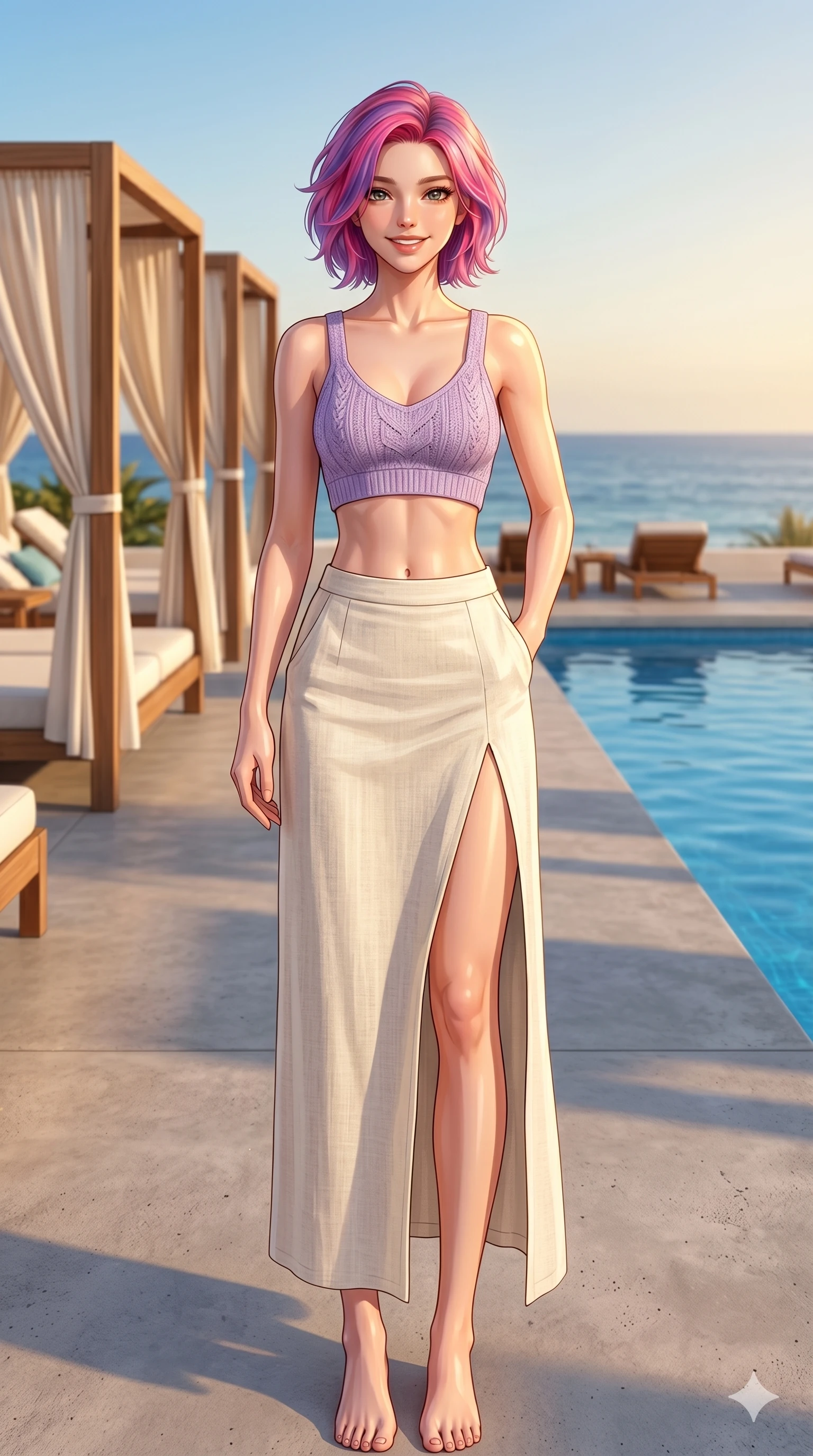score_9, masterpiece, best quality, ultra-detailed, high-budget anime keyframe, editorial fashion photography, tasteful artistic composition, Caucasian woman, strictly human ears. cowboy shot from the thighs up, character and outfit filling the frame for maximum editorial presence. smiling happily with quiet, magnetic charm, looking directly into the camera standing on a concrete deck of a high-end beach club. She has an absolutely perfect 8-heads proportion, an exceptionally tall and slender female figure with impossibly long slender legs and an ultra-slim waist. V-shaped jawline, high-bridge nose, intricate jewel-like eyes with depth, thick eyelashes, glossy lips with a natural sheen. wearing a lavender crop top showing her delicately sculpted midriff, and a split linen skirt. bathed in warm afternoon sunbeams creating soft, warm highlights on her skin. 2k, ultra detail, master piece, 9:16 ratio