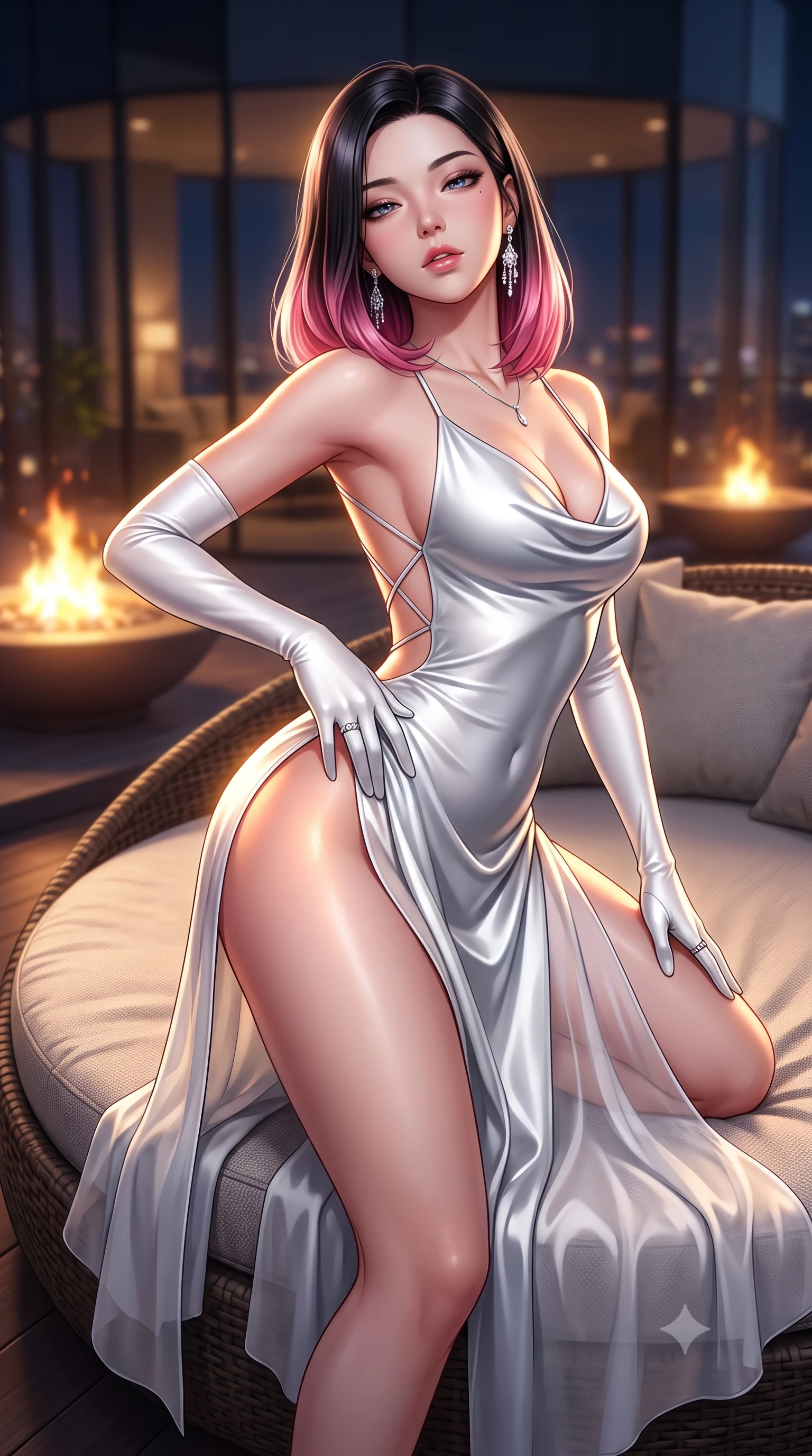 score_9, masterpiece, best quality, ultra-detailed, high-budget anime keyframe, semi-realistic 3D game render, editorial fashion photography, tasteful artistic composition, Korean woman. close-up cowboy shot from the waist and thighs up, the character dominates the composition, filling the frame with her large presence. arching her spine backward with effortless dancer poise, one hand sliding along her hip line as directional light carves specular highlights along her silhouette while stretching languidly across an oversized circular lounge daybed, spine arched as warm midnight city light illuminates her sculpted hip silhouette. The composition keeps background elements in soft focus with creamy bokeh. glass terrace architecture and glowing fire pits softened in glamorous shallow depth of field. She has an exceptionally elegant, slender, and willowy female figure with an ultra-slim waist, a gracefully sculpted slender torso, toned flat midriff, and rounded feminine hips creating an alluring hourglass silhouette. sharp v-shaped jawline, high-bridge nose, intricate jewel-like eyes with depth, thick eyelashes, glossy parted lips with a natural sheen, intensely captivating and seductive bedroom-eyes expression, flawlessly proportioned anatomical accuracy, strict slender model proportions, natural body alignment, perfectly sculpted long slender limbs, ultra-slim waistline, clean dynamic posture without body distortion. wearing a backless cowl-neck satin slip dress featuring high-cut side hip slits and delicate criss-cross back straps in pristine arctic white and metallic silver, woven from layered gossamer chiffon with a weightless sweeping drape, complemented by opera-length satin gloves and sparkling chandelier earrings, the second-skin form-contouring cut accentuating her sculpted flat midriff, narrow waistline, and dramatically curvy hips without adding bulk. surrounded by a cosmopolitan, elite, and intensely magnetic modern royalty aura. highly saturated vibrant anime colors, detailed shading with soft gradients, rich glossy textures, high-contrast stereoscopic depth, volumetric dynamic lighting, master piece, 9:16 ratio