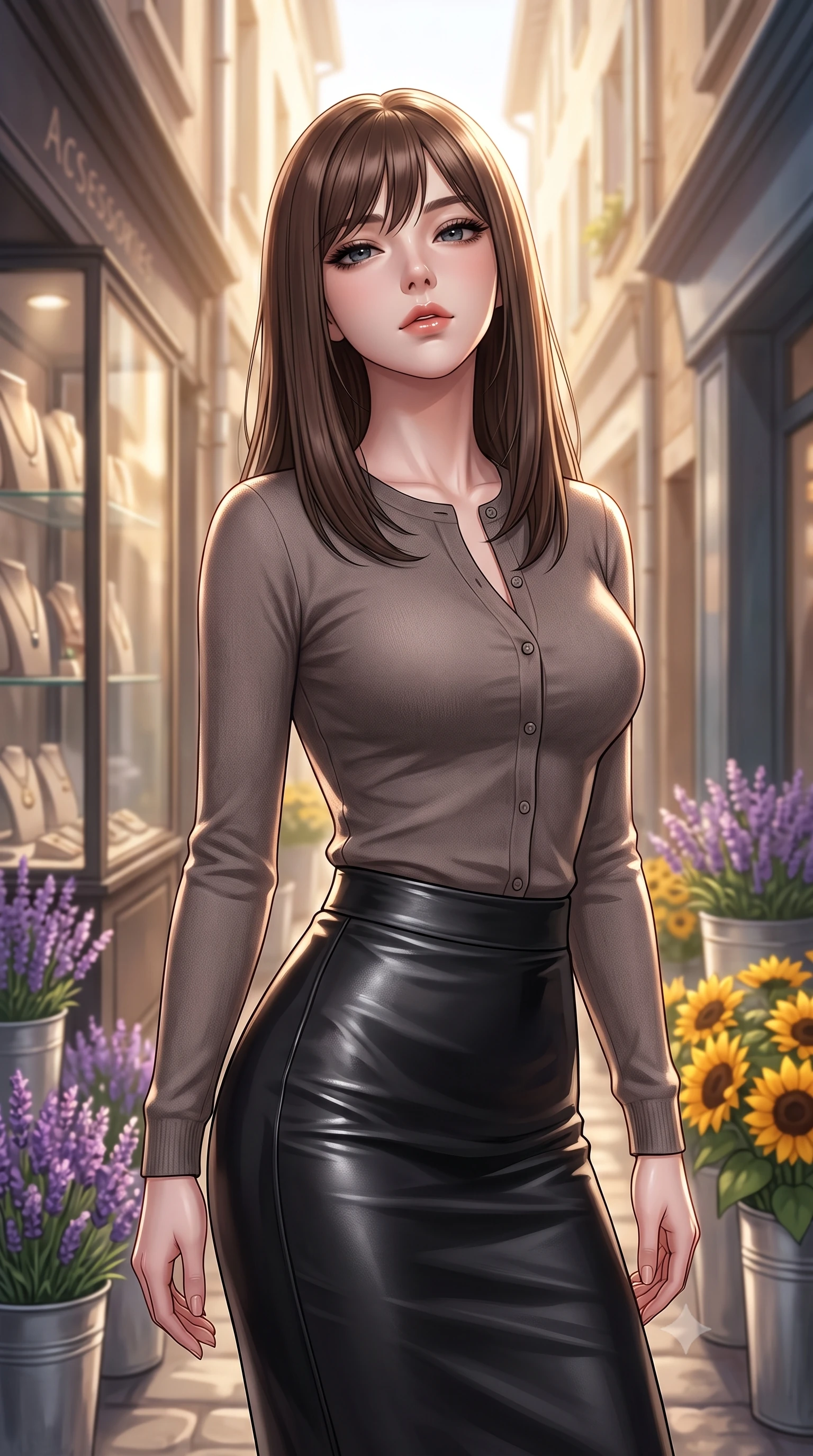 score_9, masterpiece, best quality, ultra-detailed, high-budget anime keyframe, editorial fashion photography, tasteful artistic composition, Korean woman. close-up cowboy shot from the waist and thighs up, the character dominates the composition, filling the frame with her large presence, background elements kept in soft focus. tilting her chin up with a composed yet magnetic gaze under long dark eyelashes set against a soft-focus background of in front of a small handmade accessory boutique with glass showcases with buckets of fresh lavender and yellow sunflowers lining the alley. She has an exceptionally elegant, slender, and willowy female figure with an ultra-slim waist, a gracefully sculpted slender torso, and a refined silhouette. sharp v-shaped jawline, high-bridge nose, intricate jewel-like eyes with depth, thick eyelashes, glossy lips with a natural sheen. wearing slim-fit tight-fitting cashmere cardigan closed, paired with a sleek leather midi skirt. warm afternoon sunlight filtering down between the narrow alley buildings. ultra-reflective glossy finish, specular highlights, metallic sheen, high-contrast stereoscopic depth, volumetric dynamic lighting, 2k, ultra detail, master piece, 9:16 ratio