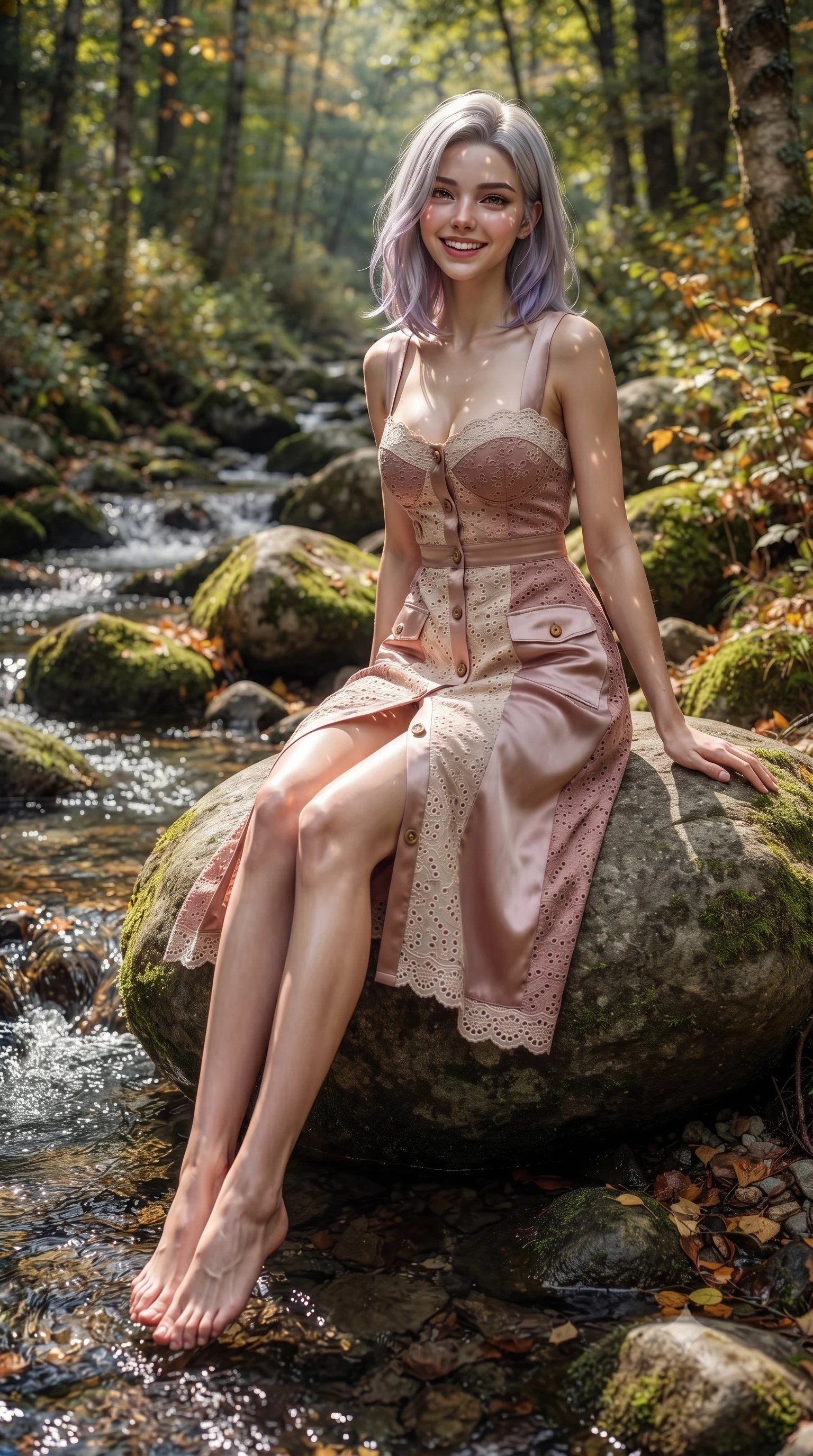 score_9, masterpiece, best quality, ultra-detailed, high-budget anime keyframe, editorial fashion photography, tasteful artistic composition, Caucasian woman. low angle full-body shot from head to toe showing her feet, filling the entire 9:16 vertical frame with her statuesque presence, stretching her vertical silhouette. stepping forward gracefully in mid-motion with a delighted cute laugh, displaying her tall slender model proportions while sitting on a smooth river stone dangling her bare feet near the sparkling water, smiling sweetly into the lens. The surrounding environment is rendered in vivid detail and crisp panoramic clarity. mossy river stones, fallen autumn-gold birch leaves, and panoramic forest glades rendered in crisp clarity. She has an absolutely perfect, statuesque 8.5-heads proportion, an exceptionally tall and slender model-like female figure with impossibly long slender legs, a toned flat midriff, and an ultra-slim waist. sharp v-shaped jawline, high-bridge nose, intricate jewel-like eyes with depth, thick eyelashes, glossy lips with a natural sheen, pure and lovely fresh girlhood expression, flawlessly proportioned anatomical accuracy, strict slender model proportions, natural body alignment, perfectly sculpted long slender limbs, ultra-slim waistline, clean dynamic posture without body distortion. wearing an airy eyelet lace cotton midi dress with a sweetheart neckline and wooden front buttons in soft dusty rose and oatmeal beige, crafted from smooth fluid silk satin with a natural gentle sheen, finished with neat natural wooden buttons and patch pocket details, the tailored casual silhouette highlighting her fresh and youthful presence and perfectly proportioned slender frame. illuminated by soft natural dappled forest light creating playful sun patterns across her face and dress. ultra-reflective glossy finish, specular highlights, rich natural textures, high-contrast stereoscopic depth, volumetric dynamic lighting, 2k, ultra detail, master piece, 9:16 ratio
