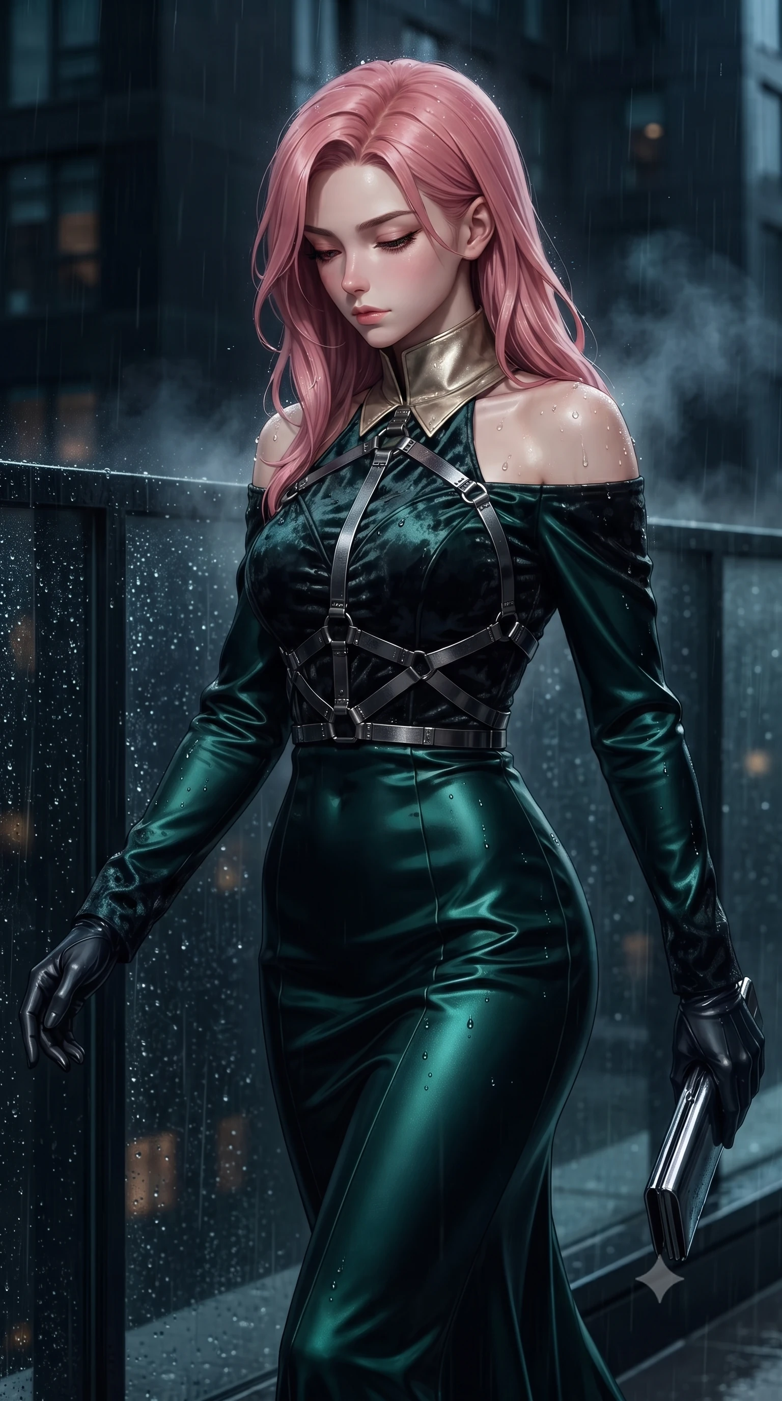 score_9, masterpiece, best quality, ultra-detailed, high-budget anime keyframe, editorial fashion photography, tasteful artistic composition, Japanese woman. close-up cowboy shot from the waist and thighs up, the character dominates the composition, filling the frame with her large presence, background elements kept in soft focus. Looking down with lowered lashes and a composed, powerful dark aura, walking past dark glass railings glistening with rain dewdrops, rain glistening on her dark outfit and bare shoulders under key light. She has an exceptionally elegant, slender, and willowy female figure with an ultra-slim waist, a gracefully sculpted slender torso, and a refined silhouette. sharp v-shaped jawline, high-bridge nose, intricate jewel-like eyes with depth, thick eyelashes, glossy lips with a natural sheen. wearing long-sleeved dark emerald satin gown with high structured collar in champagne gold, made of crushed dark silk velvet, highlighted by a gunmetal metallic harness structure, highlighting her statuesque proportions and ultra-slim waistline. lit by low-key spotlighting contrasting with steam and rain mist. highly saturated vibrant anime colors, detailed shading with soft gradients, rich glossy textures, high-contrast stereoscopic depth, volumetric dynamic lighting, master piece, 9:16 ratio