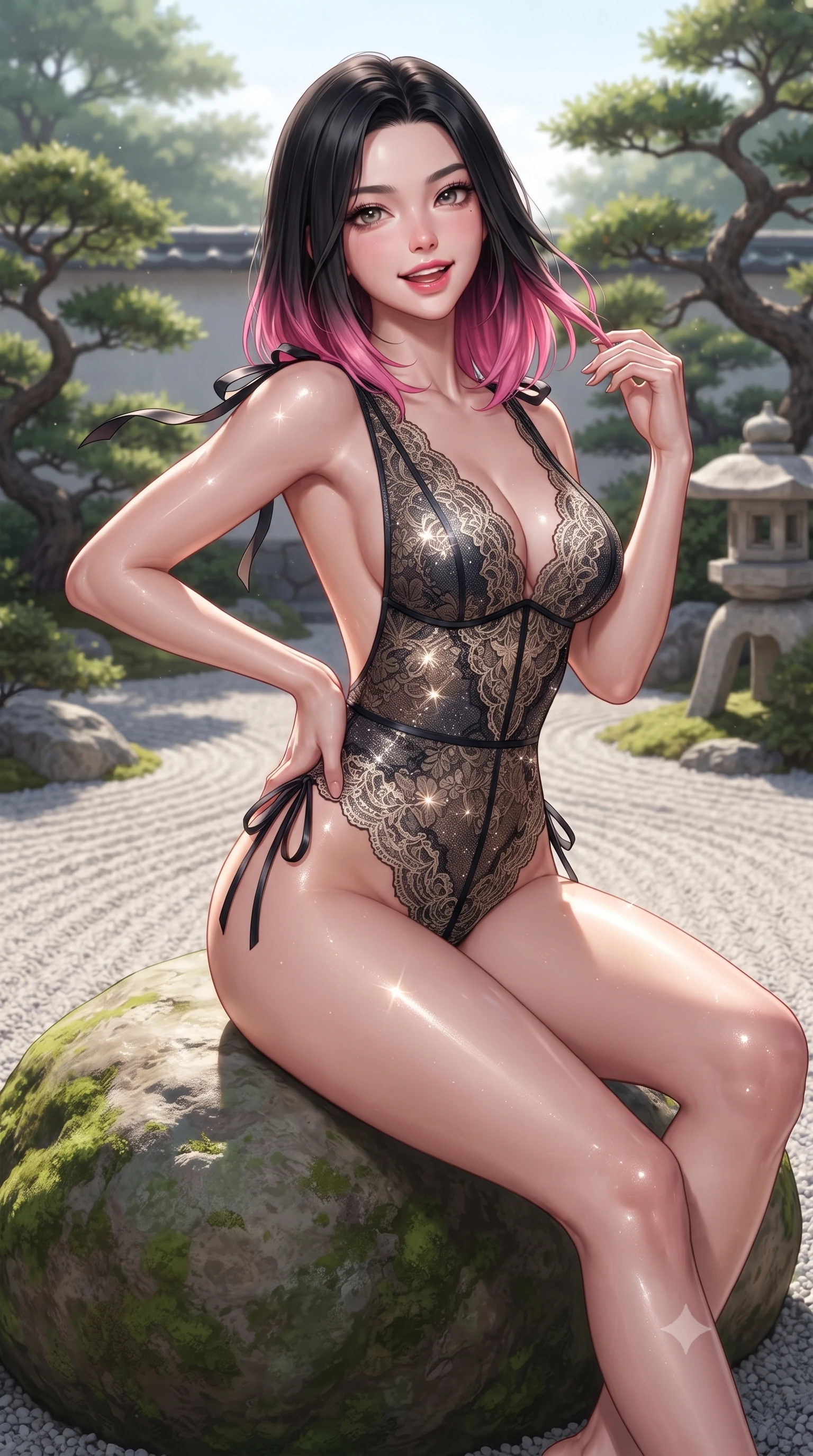 score_9, masterpiece, best quality, ultra-detailed, high-budget anime keyframe, editorial fashion photography, tasteful artistic composition, Korean woman. close-up cowboy shot from the waist and thighs up, the character dominates the composition, filling the frame with her large presence. twisting her slender torso in an alluring contrapposto stance, one hand resting on her sculpted hip while her fingers toy with her hair with effortless poise while sitting gracefully on the smooth mossy boulder with legs extended, flashing a radiant, flirtatious smile with parted glossy lips. The surrounding environment is rendered in vivid detail and crisp panoramic clarity: detailed form-contouring sheer pleated georgette baby-doll slip, scalloped lace trim, and master Japanese landscaping in high resolution. She has an exceptionally elegant, slender, and willowy female figure with an ultra-slim waist, flat toned midriff, narrow ribcage, and sculpted feminine hips creating an alluring, slim hourglass silhouette without bulk. sharp v-shaped jawline, high-bridge nose, intricate jewel-like sparkling eyes with depth, thick eyelashes, glossy parted lips with a natural peach sheen, bright cheerful beaming smile with an enchanting and coquettish sensual glint, exuding both youthful cute charm and seductive allure, flawlessly proportioned anatomical accuracy, strict slender model proportions, natural body alignment, perfectly sculpted long slender limbs, ultra-slim waistline, clean dynamic posture without body distortion. wearing an alluring semi-sheer botanical lace teddy with open back and delicate satin ties along the hips in midnight noir obsidian black and pure champagne gold, woven from stretch metallic lurex jersey casting radiant starlight glints across her curves, finished with satin ribbon ties at the shoulders fluttering in the gentle breeze, the liquid-tight tailored fabric clinging flawlessly to her narrow waist and rounded feminine hips, emphasizing every millimeter of her sculpted slim hourglass curves without any bulky heaviness. illuminated by raked gravel reflection bounce and sharp platinum-gold rim lights sculpting her features, flat midriff, and slender waist. ultra-reflective glossy finish, specular highlights, rich textural contrasts, high-contrast stereoscopic depth, volumetric dynamic lighting, 2k, ultra detail, master piece, 9:16 ratio