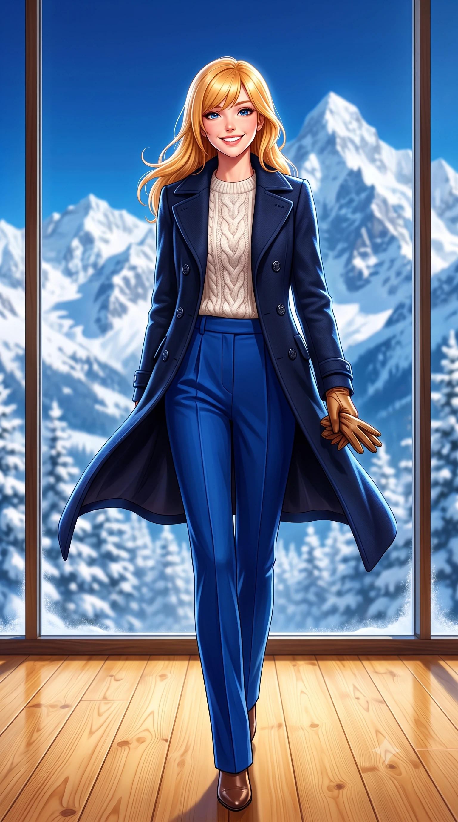 score_9, masterpiece, best quality, ultra-detailed, high-budget anime keyframe, semi-realistic 3D game render, editorial fashion photography, tasteful artistic composition, Caucasian woman. low angle full-body shot from head to toe showing her feet, filling the entire 9:16 vertical frame with her statuesque presence, stretching her vertical silhouette. stepping forward gracefully in mid-motion with a radiant beaming smile, her long tailored coat fluttering around her slender legs while walking across the honey-toned pine floor toward the panoramic window, her chunky cable-knit sweater accentuating her slender waistline. The background shows a soft-focus towering jagged snow-covered Swiss Alps, deep blue alpine sky, and frosted fir forests outside blurred into cobalt, stark white, and cedar bokeh. She has an exceptionally tall and slender model-like 8.5-heads proportion, an ultra-slim waist, a flat toned midriff, narrow delicate ribcage, and beautifully sculpted feminine hips creating a graceful, slim hourglass silhouette without any bulky heaviness, with impossibly long slender legs. sharp v-shaped jawline, high-bridge nose, intricate jewel-like sparkling eyes with depth, thick eyelashes, glossy parted lips with a natural peach sheen, bright cheerful beaming smile with an enchanting and coquettish sensual glint, exuding both youthful cute charm and seductive allure, flawlessly proportioned anatomical accuracy, strict slender model proportions, natural body alignment, perfectly sculpted long slender limbs, ultra-slim waistline, clean dynamic posture without body distortion. wearing a navy tailored wool peacoat with anchor buttons layered over a soft merino wool sweater and pressed pleated slacks in royal sapphire blue and antique brushed bronze, made of crisp Egyptian cotton poplin with pristine tailored pressing, complemented by buttery leather gloves held delicately in one manicured hand, the streamlined silhouette following her natural slender proportions with sophisticated poise, enhancing her tall willowy presence. illuminated by brilliant snow reflection fill and sharp ice-crystal rim lights defining her razor-sharp jawline and tall slender frame. highly saturated vibrant anime colors, detailed shading with soft gradients, rich glossy textures, high-contrast stereoscopic depth, volumetric dynamic lighting, master piece, 9:16 ratio