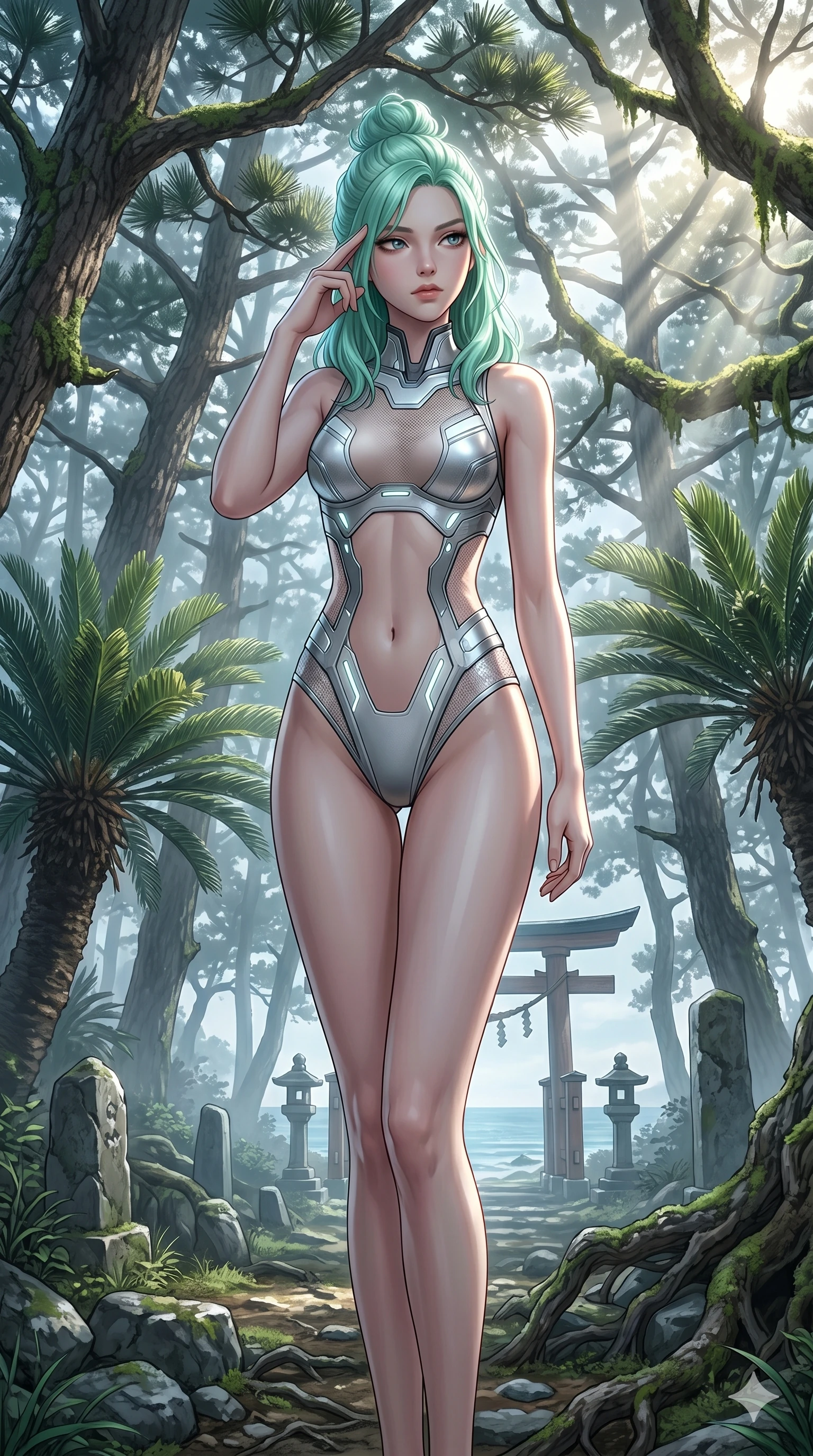 score_9, masterpiece, best quality, ultra-detailed, high-budget anime keyframe, editorial fashion photography, tasteful artistic composition, Japanese woman. cowboy shot from the thighs up, character and outfit filling the frame for maximum editorial presence. pressing two fingers to her temple in a composed gesture, looking past the camera in a sacred coastal forest with bright sunlight filtering through (Code-P19-119). She has an absolutely perfect 8-heads proportion, an exceptionally tall and slender female figure with impossibly long slender legs and an ultra-slim waist. V-shaped jawline, high-bridge nose, intricate jewel-like eyes with depth, thick eyelashes, glossy lips with a natural sheen. wearing a cybernetic swimsuit featuring exposed midriff and high-cut lines. cool silver moonlight filtered through the mist, creating a dramatic, ethereal rim light. 2k, ultra detail, master piece, 9:16 ratio