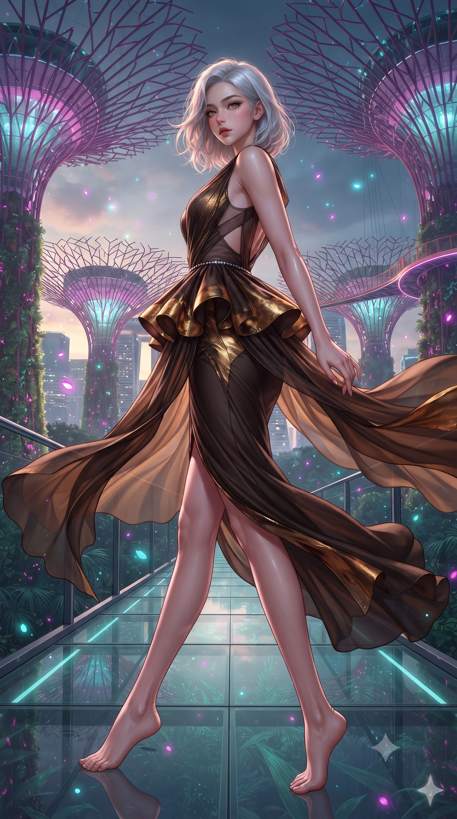 score_9, masterpiece, best quality, ultra-detailed, high-budget anime keyframe, editorial fashion photography, tasteful artistic composition, Korean woman. low angle full-body shot from head to toe showing her feet, filling the entire 9:16 vertical frame with her statuesque presence, stretching her vertical silhouette. executing an elegant mid-motion pivot turn as garments swirl around her slender limbs, glancing over her shoulder with an intoxicating bedroom-gaze while striding along the elevated glass skyway woven between giant glowing biomimetic supertrees, arching her back as luminous magenta spores drift through the humid evening air. The surrounding environment is rendered in vivid detail and crisp panoramic clarity. sharp carbon-fiber skyway trusses, transparent acrylic floor seams, and biomimetic vine textures in deep focus. She has an exceptionally tall and slender model-like 8.5-heads proportion, an ultra-slim waist, a flat toned midriff, narrow delicate ribcage, and beautifully sculpted feminine hips creating a graceful, slim hourglass silhouette without any bulky heaviness, with impossibly long slender legs. sharp v-shaped jawline, high-bridge nose, intricate jewel-like eyes with depth, thick eyelashes, glossy parted lips with a natural sheen, intensely captivating and seductive bedroom-eyes expression, flawlessly proportioned anatomical accuracy, strict slender model proportions, natural body alignment, perfectly sculpted long slender limbs, ultra-slim waistline, clean dynamic posture without body distortion. wearing a structural geometric peplum gown with sheer side-ribbon cutouts and form-fitting skirt in dark espresso brown and molten gold foil, woven from layered gossamer chiffon with a weightless sweeping drape, accented with a dainty diamond waist chain catching the ambient light reflections, the liquid-tight tailored fabric clinging flawlessly to her narrow waist and rounded feminine hips, emphasizing every millimeter of her sculpted slim hourglass curves without any bulky heaviness. bathed in rich magenta and cyan bioluminescent light contrasting with warm tropical ambient twilight. ultra-reflective glossy finish, specular highlights, rich textural contrasts, high-contrast stereoscopic depth, volumetric dynamic lighting, 2k, ultra detail, master piece, 9:16 ratio