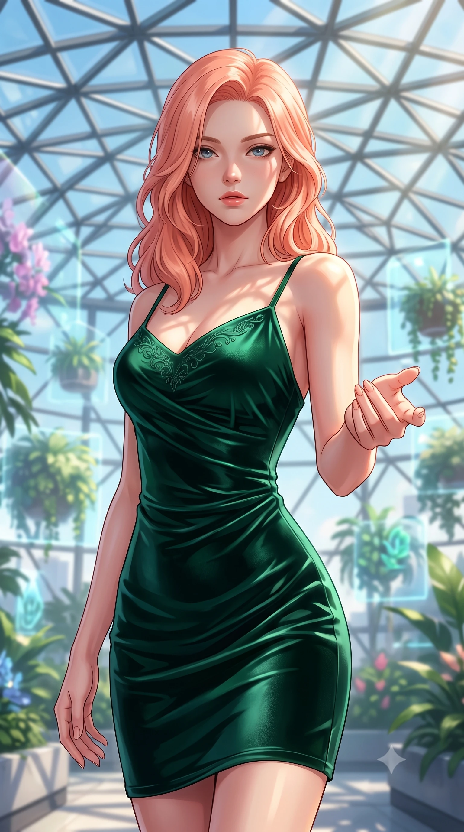 score_9, masterpiece, best quality, ultra-detailed, high-budget anime keyframe, editorial fashion photography, tasteful artistic composition, Japanese woman woman. close-up cowboy shot from the waist and thighs up, the character dominates the composition, filling the frame with her large presence, background elements kept in soft focus. She has an exceptionally elegant, slender, and willowy female figure with an ultra-slim waist, a gracefully sculpted slender torso, and a refined silhouette. reaching one hand toward the viewer with relaxed elegance, her gaze holding quiet authority, flawlessly proportioned anatomical accuracy, natural body alignment, perfectly sculpted elegant limbs, clean dynamic posture without body distortion. set against a soft-focus background of a futuristic botanical pavilion with floating hologram plants. wearing a fitted dark emerald velvet slip dress with a smooth liquid sheen and delicate straps. bathed in dappled morning sunlight filtering through glass roof grid structures. highly saturated vibrant anime colors, detailed shading with soft gradients, rich glossy textures, high-contrast stereoscopic depth, volumetric dynamic lighting, master piece, 9:16 ratio