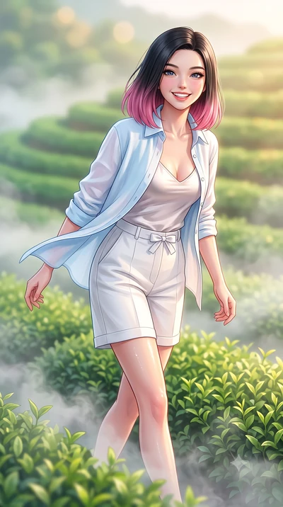 score_9, masterpiece, best quality, ultra-detailed, high-budget anime keyframe, semi-realistic 3D game render, editorial fashion photography, tasteful artistic composition, Korean woman. close-up cowboy shot from the waist and thighs up, the characte