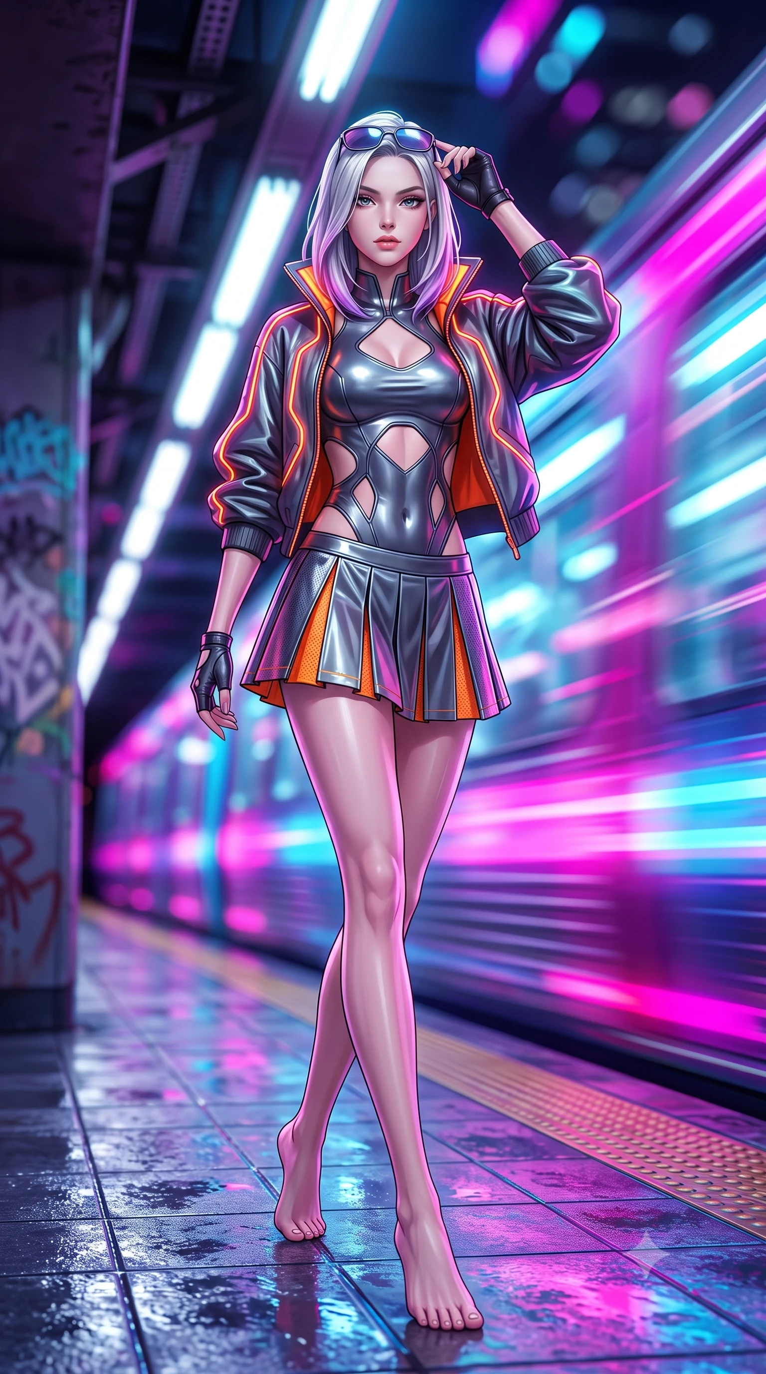 score_9, masterpiece, best quality, ultra-detailed, high-budget anime keyframe, semi-realistic 3D game render, editorial fashion photography, tasteful artistic composition, Caucasian woman. low angle full-body shot from head to toe showing her feet, filling the entire 9:16 vertical frame with her statuesque presence, stretching her vertical silhouette. stepping forward gracefully in mid-motion, displaying her toned flat midriff and flawlessly sculpted slender limbs while pivoting sharply on the wet tiled subway platform as an incoming neon-lit maglev train rushes past in a blur of light. The composition keeps background elements in soft focus with creamy bokeh. speeding maglev train motion blur and glowing neon graffiti tags blurred into vivid magenta, cyan, and violet bokeh. She has an absolutely perfect, statuesque 8.5-heads proportion, an exceptionally tall and slender model-like female figure with impossibly long slender legs, a toned flat midriff, and an ultra-slim waist. sharp v-shaped jawline, high-bridge nose, intricate jewel-like eyes with depth, thick eyelashes, glossy lips with a natural sheen, captivating and magnetic expression, flawlessly proportioned anatomical accuracy, strict slender model proportions, natural body alignment, perfectly sculpted long slender limbs, ultra-slim waistline, clean dynamic posture without body distortion. wearing a cutout cyberpunk bodysuit paired with an oversized neon-piped bomber jacket and pleated micro-skirt in metallic gunmetal and laser orange, made of breathable technical athletic mesh and liquid-finish track nylon, accessorized with retro futuristic sunglasses and fingerless leather gloves, the liquid-tight tailored fabric emphasizing every curve of her tall, slender model proportions and sculptured silhouette during dynamic movement. illuminated by crisp specular highlights defining her toned flat midriff and athletic curves. highly saturated vibrant anime colors, detailed shading with soft gradients, rich glossy textures, high-contrast stereoscopic depth, volumetric dynamic lighting, master piece, 9:16 ratio