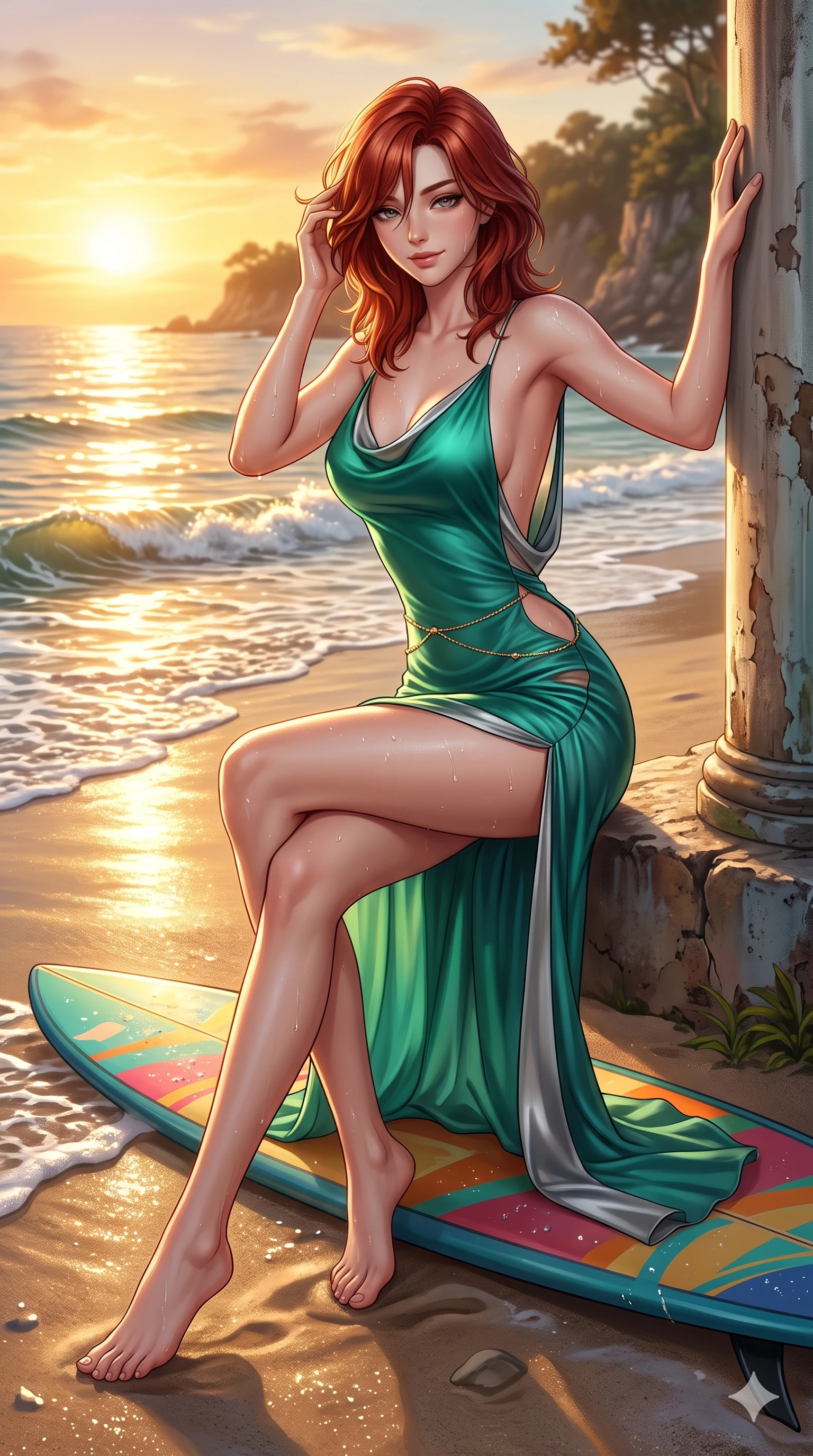 score_9, masterpiece, best quality, ultra-detailed, high-budget anime keyframe, semi-realistic 3D game render, editorial fashion photography, tasteful artistic composition, Korean woman. low angle full-body shot from head to toe showing her feet, filling the entire 9:16 vertical frame with her statuesque presence, stretching her vertical silhouette. standing tall beside the architectural column, one hand resting high while arching her lower back to emphasize her sculpted feminine hips and slender waist while sitting perched on the surfboard laid flat on the sand with legs crossed, shaking wet hair with carefree seductive cool and bedroom-eyes. The surrounding environment is rendered in vivid detail and crisp panoramic clarity: detailed wet-look neoprene surfing bodysuit tailoring, glistening water beads on skin, and coastal surf scape in razor-sharp precision. She has an absolutely perfect, statuesque 8.5-heads proportion, an exceptionally tall and slender model-like female figure with impossibly long slender legs, an ultra-slim waist, a flat toned midriff, narrow delicate ribcage, and beautifully sculpted feminine hips creating a graceful, slim hourglass silhouette without any bulky heaviness. sharp v-shaped jawline, high-bridge nose, sparkling eyes with hypnotic seductive depth, thick curled eyelashes, glossy parted lips with a natural dewy peach sheen, alluring bedroom-eyes with an enchanting coquettish smile, exuding magnetic siren charisma and sophisticated glamour, flawlessly proportioned anatomical accuracy, strict slender model proportions, natural body alignment, perfectly sculpted long slender limbs, ultra-slim waistline, clean dynamic posture without body distortion. wearing a form-contouring gossamer silk chiffon beach slip dress with a hip-high slit and open cowl back clinging with dewy sea-mist in emerald sea green and polished titanium, tailored from heavy double-faced silk georgette with an exceptionally fluid drape, accented with a dainty gold belly chain resting across her flat midriff and curving hips, the precision-cut side openings and low-back scoop framing her graceful spine and the sensual sweep of her slim, toned hips. bathed in molten golden hour sunset light washing horizontally across the ocean surface with blinding specular highlights. highly saturated vibrant anime colors, detailed shading with soft gradients, rich glossy textures, high-contrast stereoscopic depth, volumetric dynamic lighting, master piece, 9:16 ratio